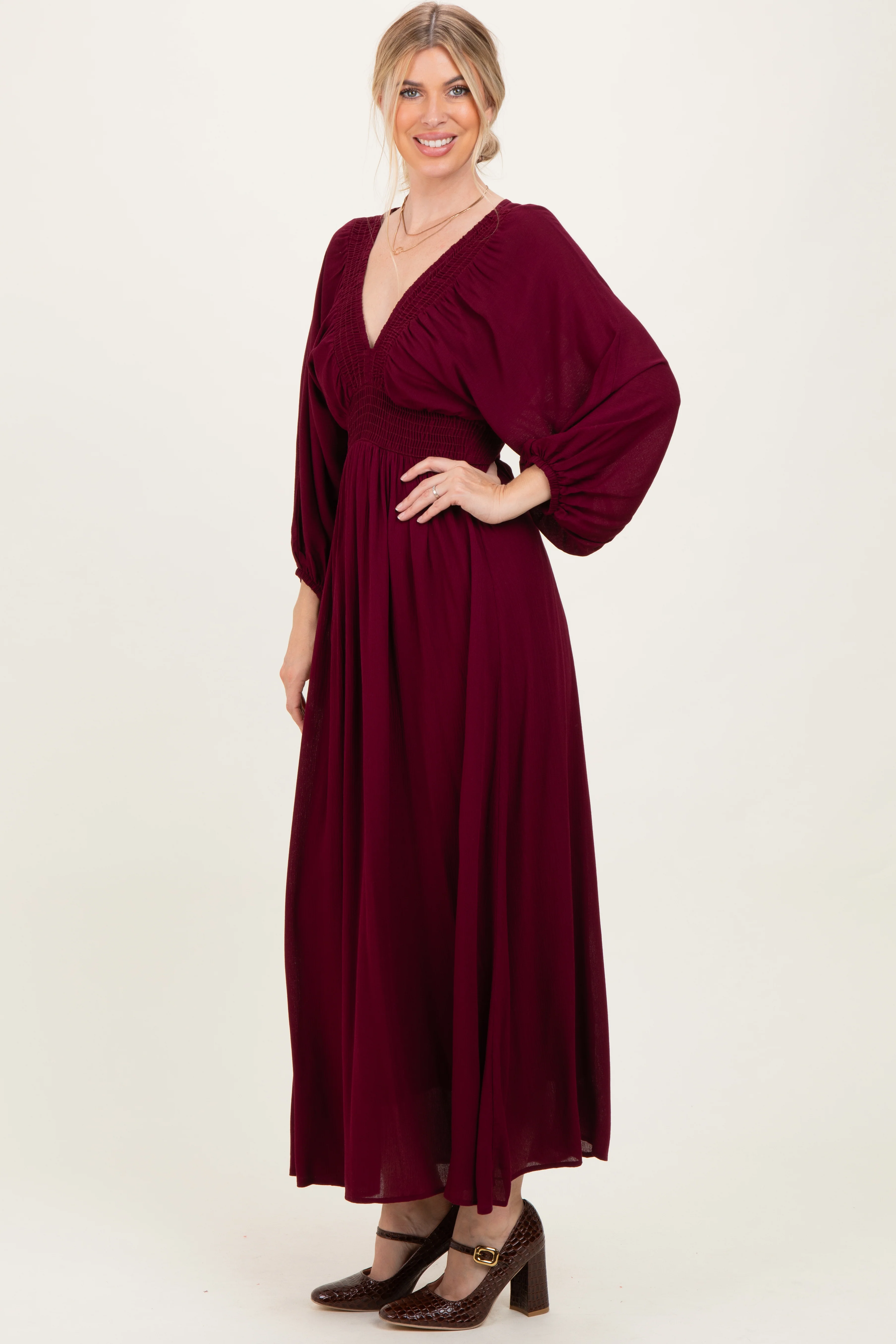 Burgundy Solid Long Sleeve V-Neck Smocked Detail Maxi Dress - Image 3