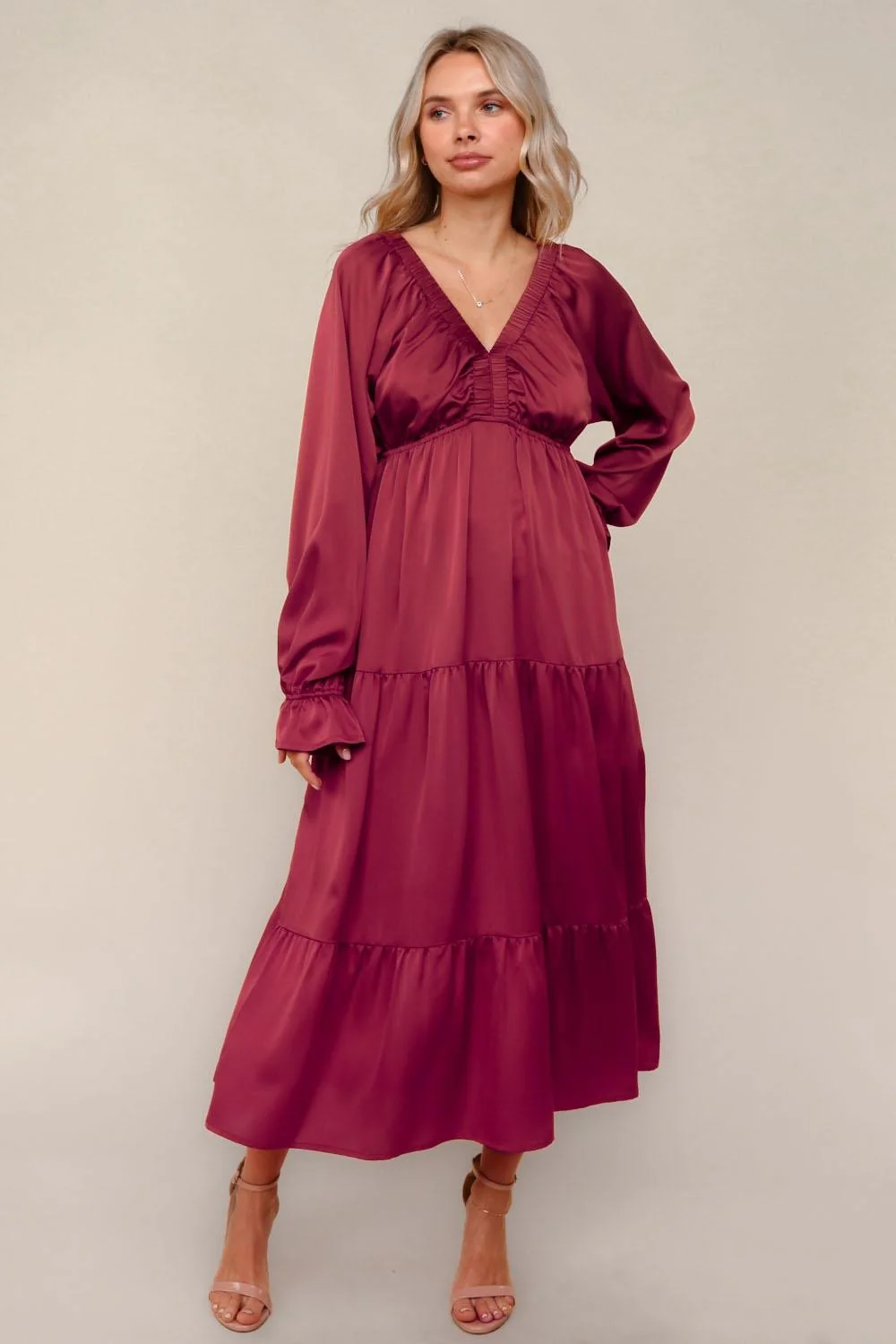 Burgundy Solid V-Neck Satin Long Sleeve Maternity Maxi Dress - Image 5