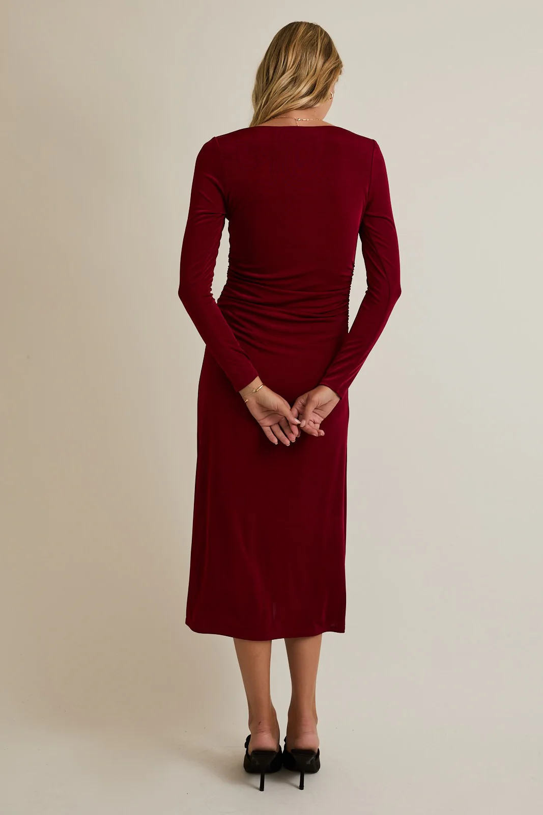 Burgundy Square Neck Long Sleeve Ruched Midi Dress - Image 4