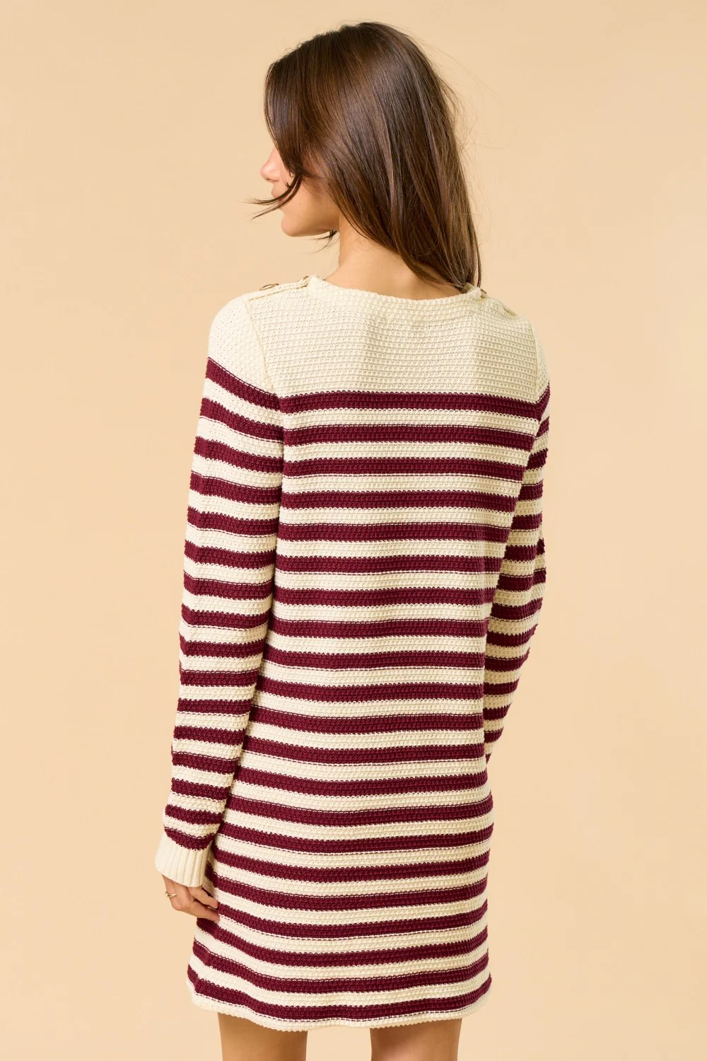 Burgundy Striped Button Accent Mini Sweater Dress - Image 3
