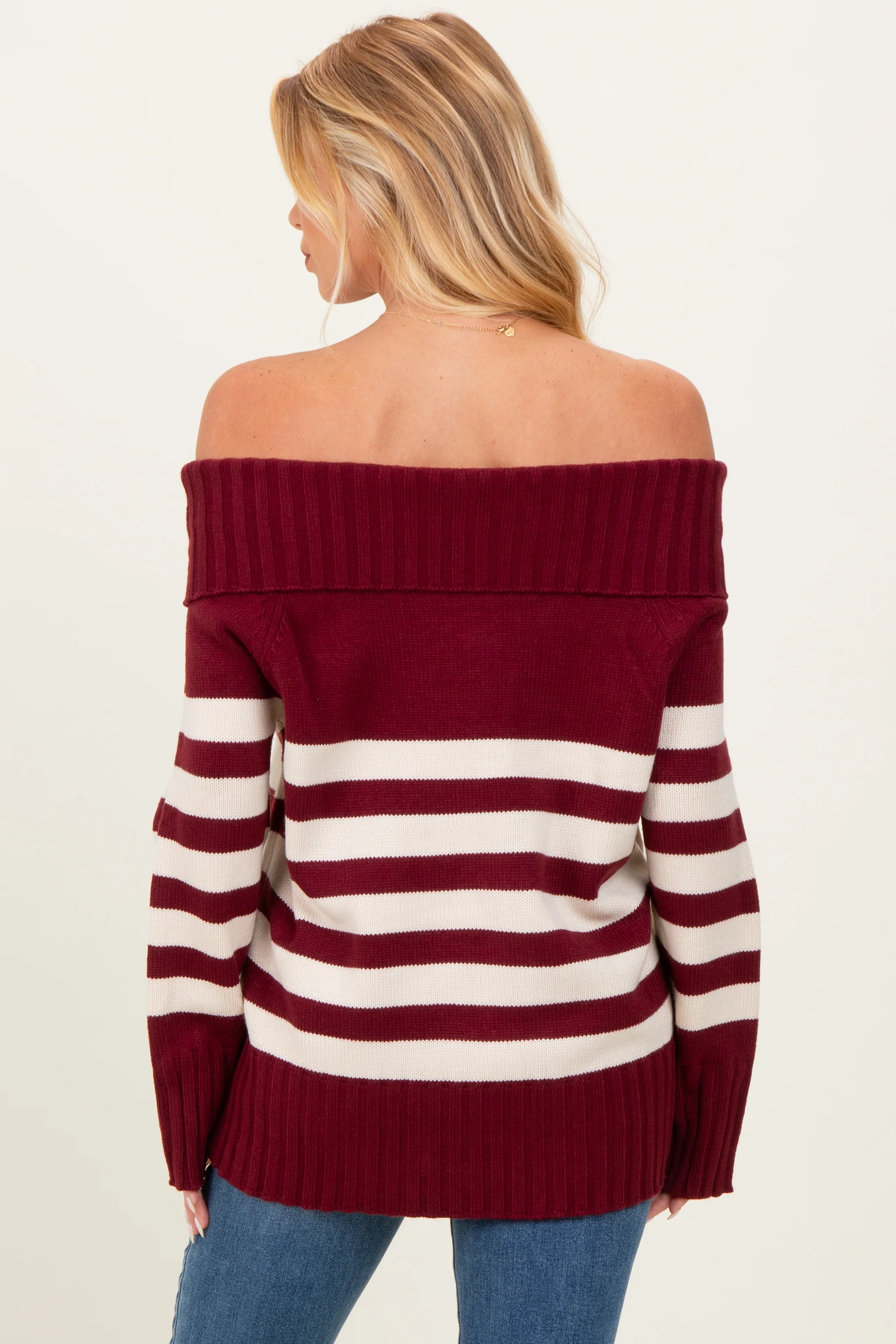 Burgundy Striped Off Shoulder Maternity Sweater - Image 4