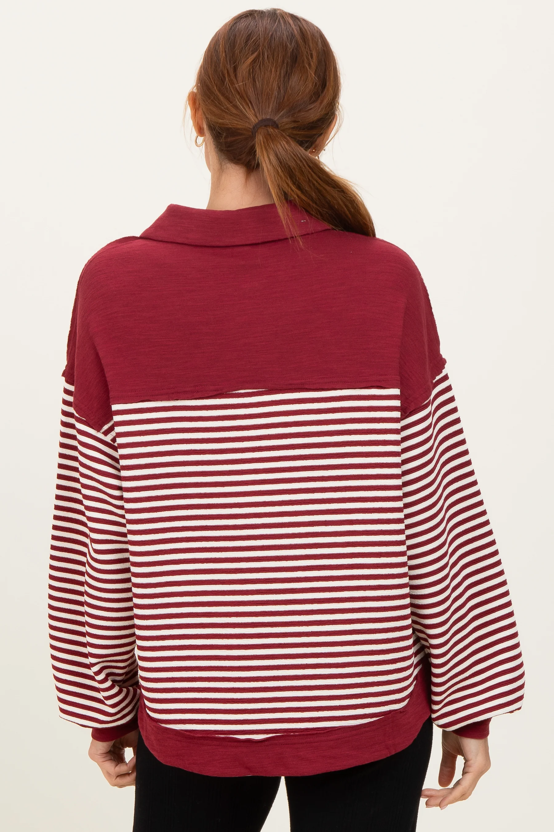 Burgundy Striped Oversized Collared Pullover Top - Image 4