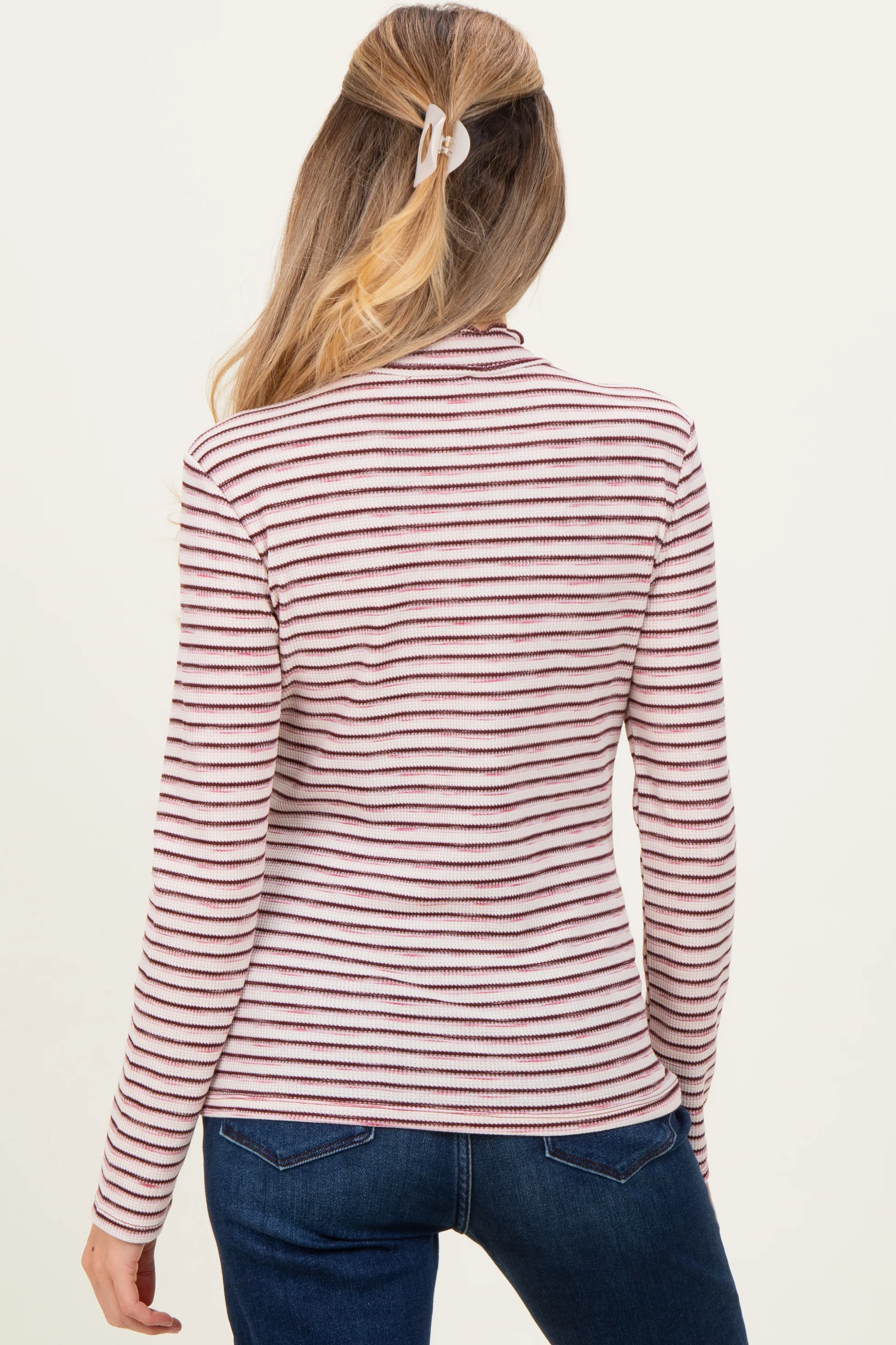 Burgundy Striped Ribbed Mock Neck Ruffle Hem Maternity Top - Image 5