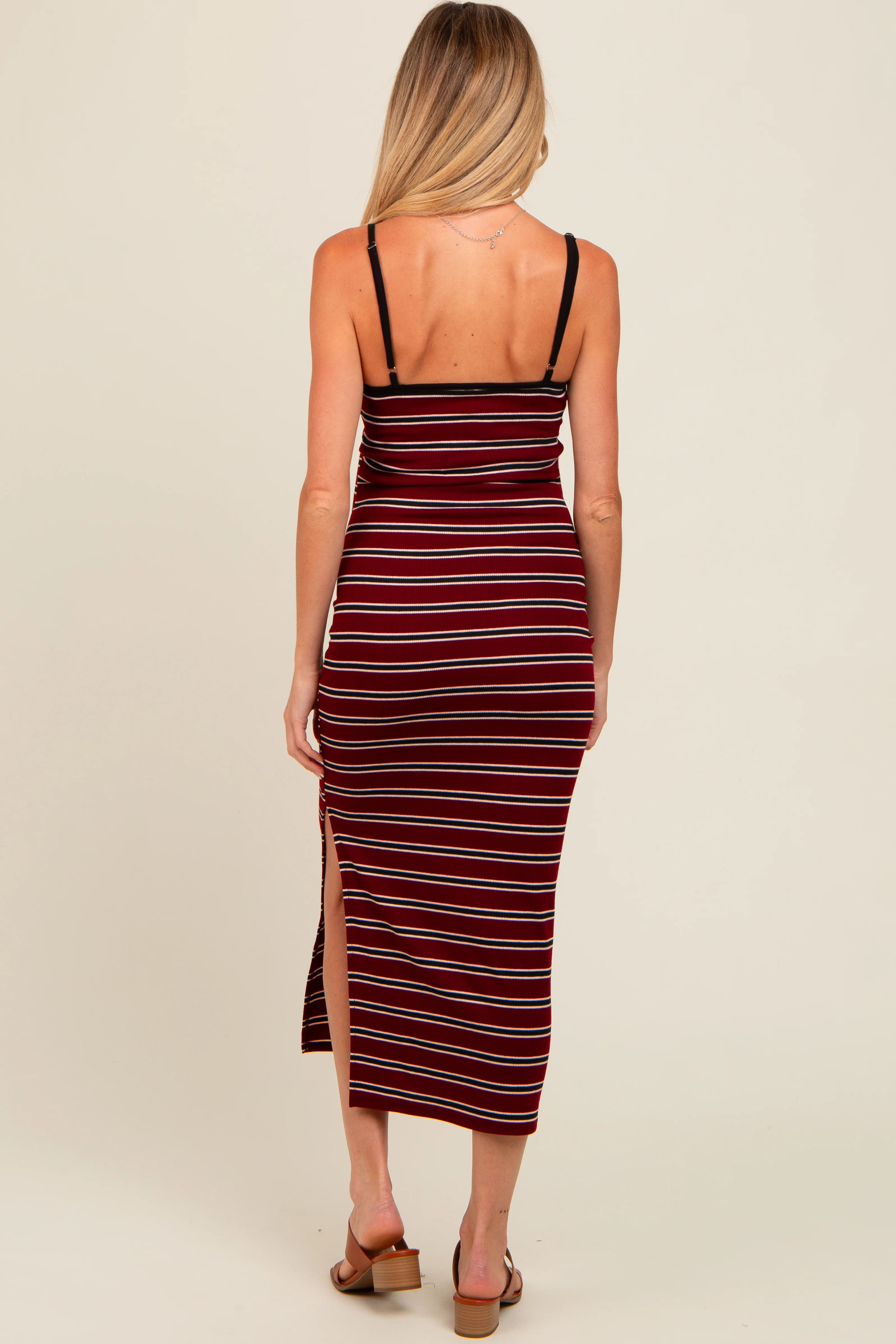 Burgundy Striped Ribbed Side Slit Maternity Midi Dress - Image 4