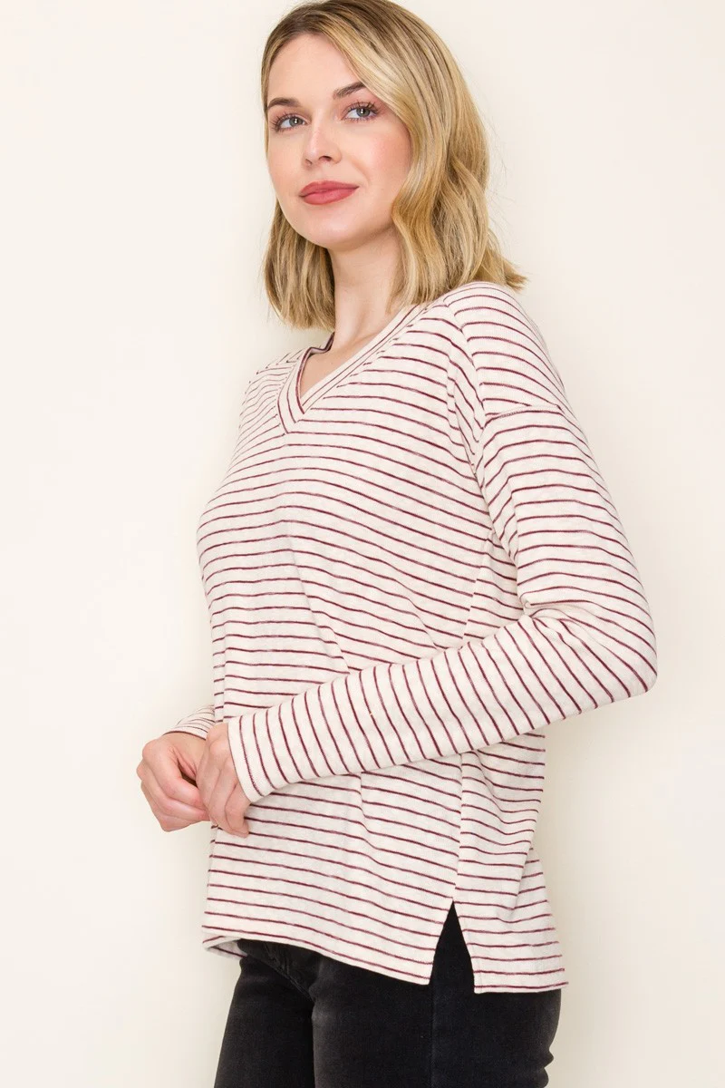 Burgundy Striped V-Neck Long Sleeve Top - Image 2