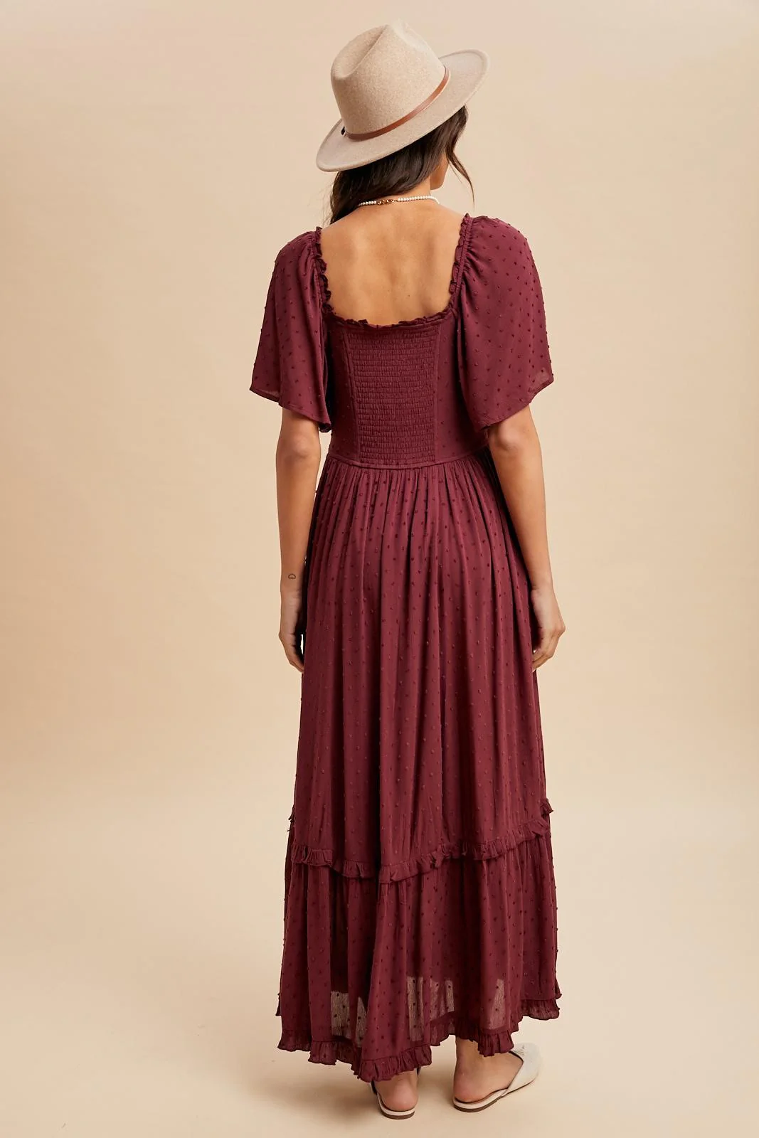 Burgundy Swiss Dot Ruffle Trim Maxi Dress - Image 4