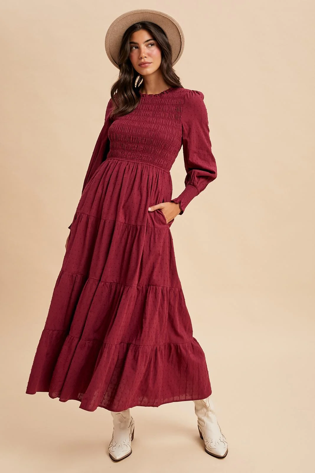 Burgundy Swiss Dot Smocked Tiered Maternity Maxi Dress - Image 6