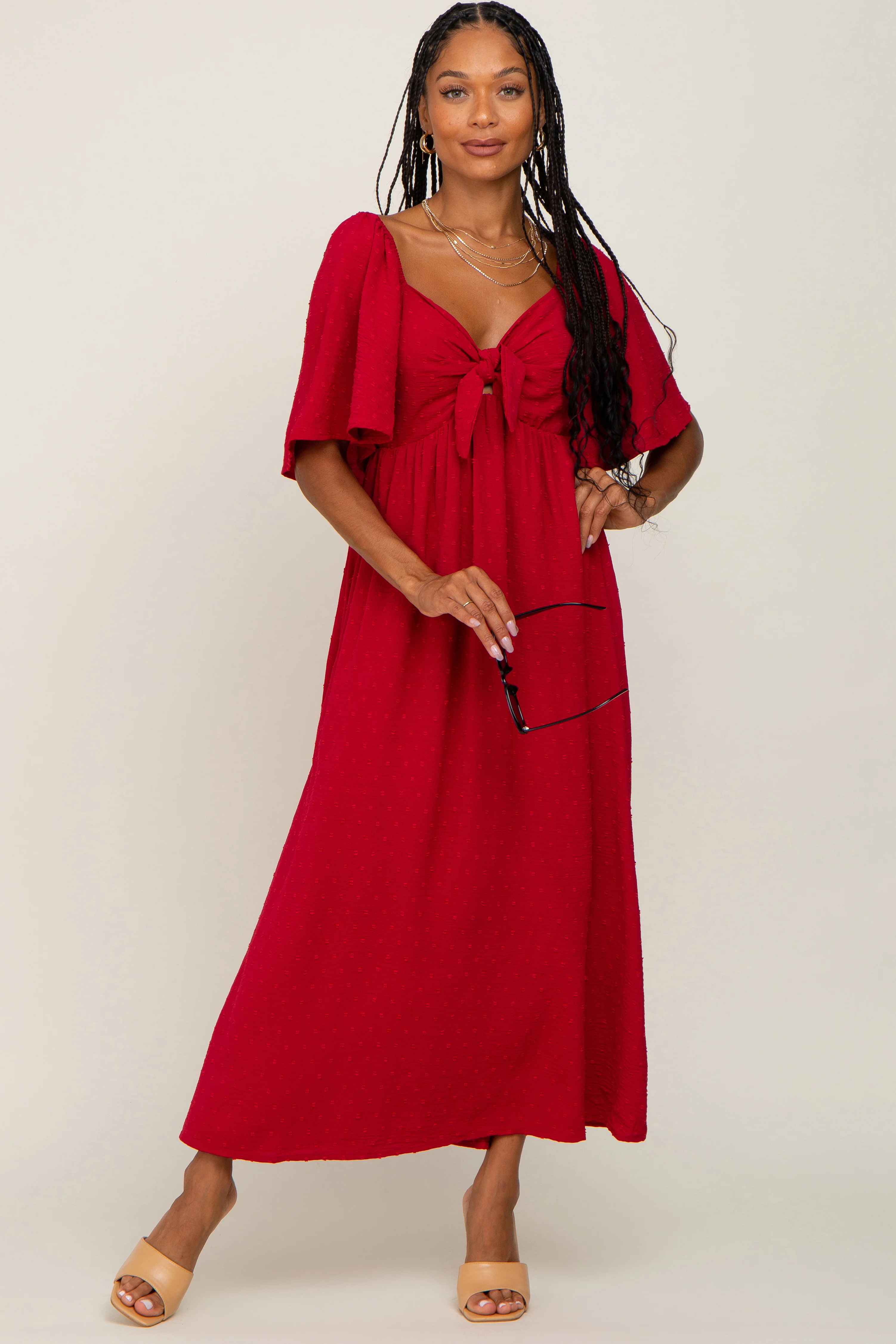 Burgundy Textured Dot Front Tie Ruffle Sleeve Maternity Midi Dress - Image 5