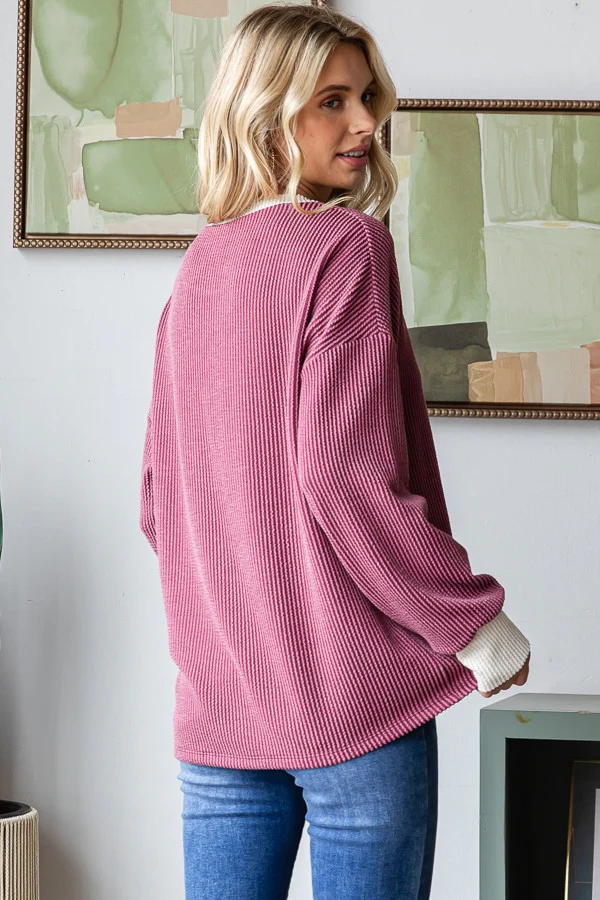 Burgundy Textured Rib Relaxed Fit Pullover Top - Image 4