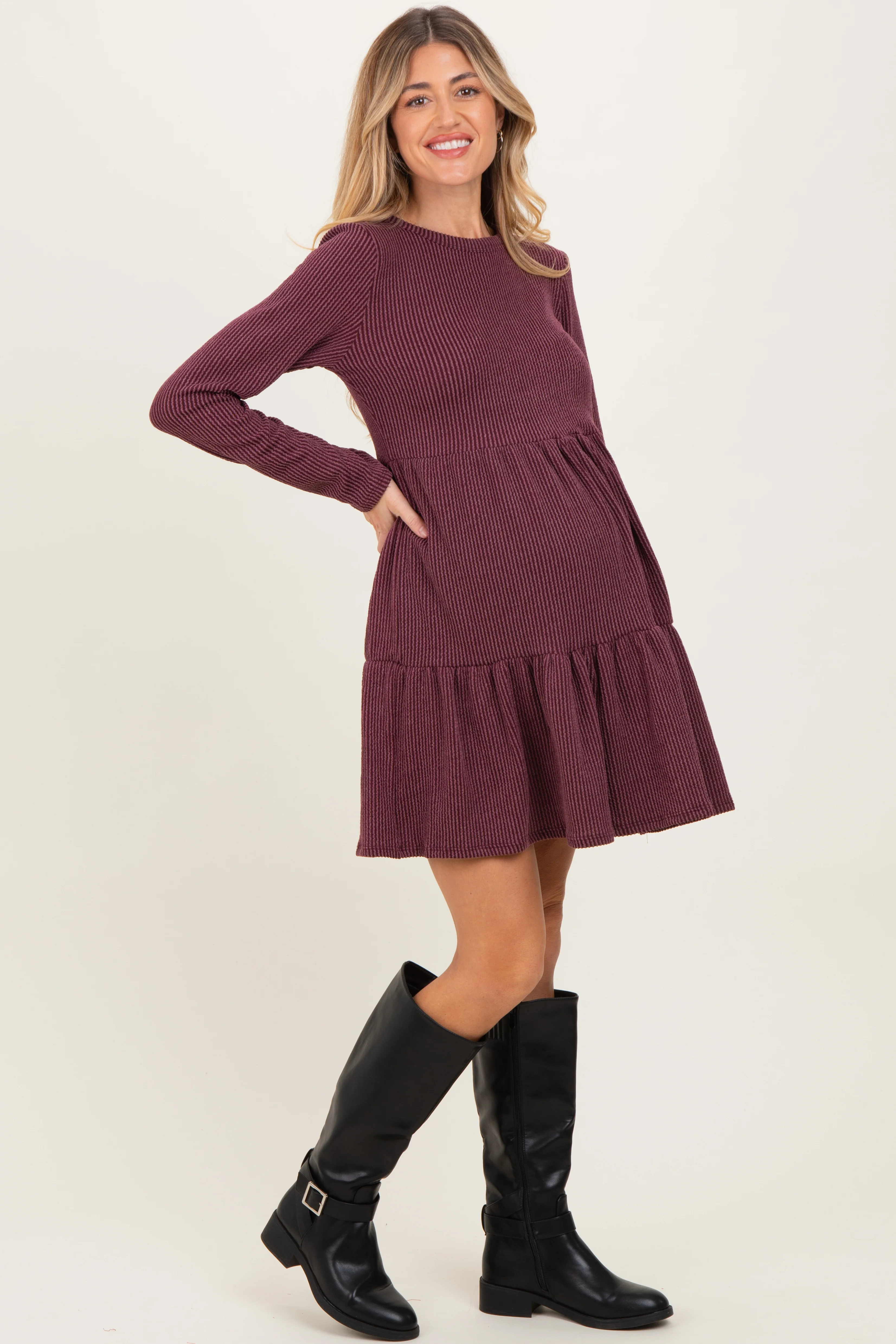 Burgundy Textured Rib Tiered Long Sleeve Maternity Dress - Image 3