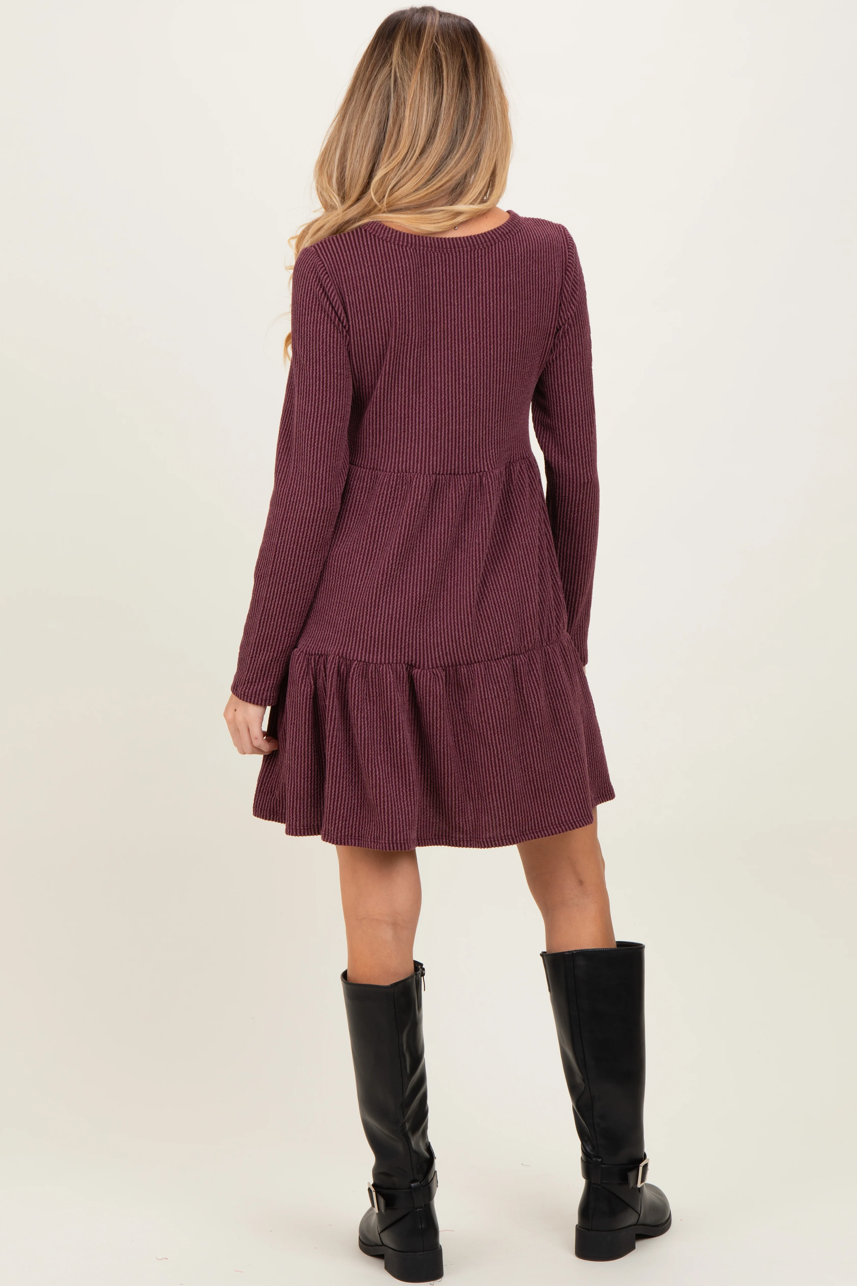 Burgundy Textured Rib Tiered Long Sleeve Maternity Dress - Image 4