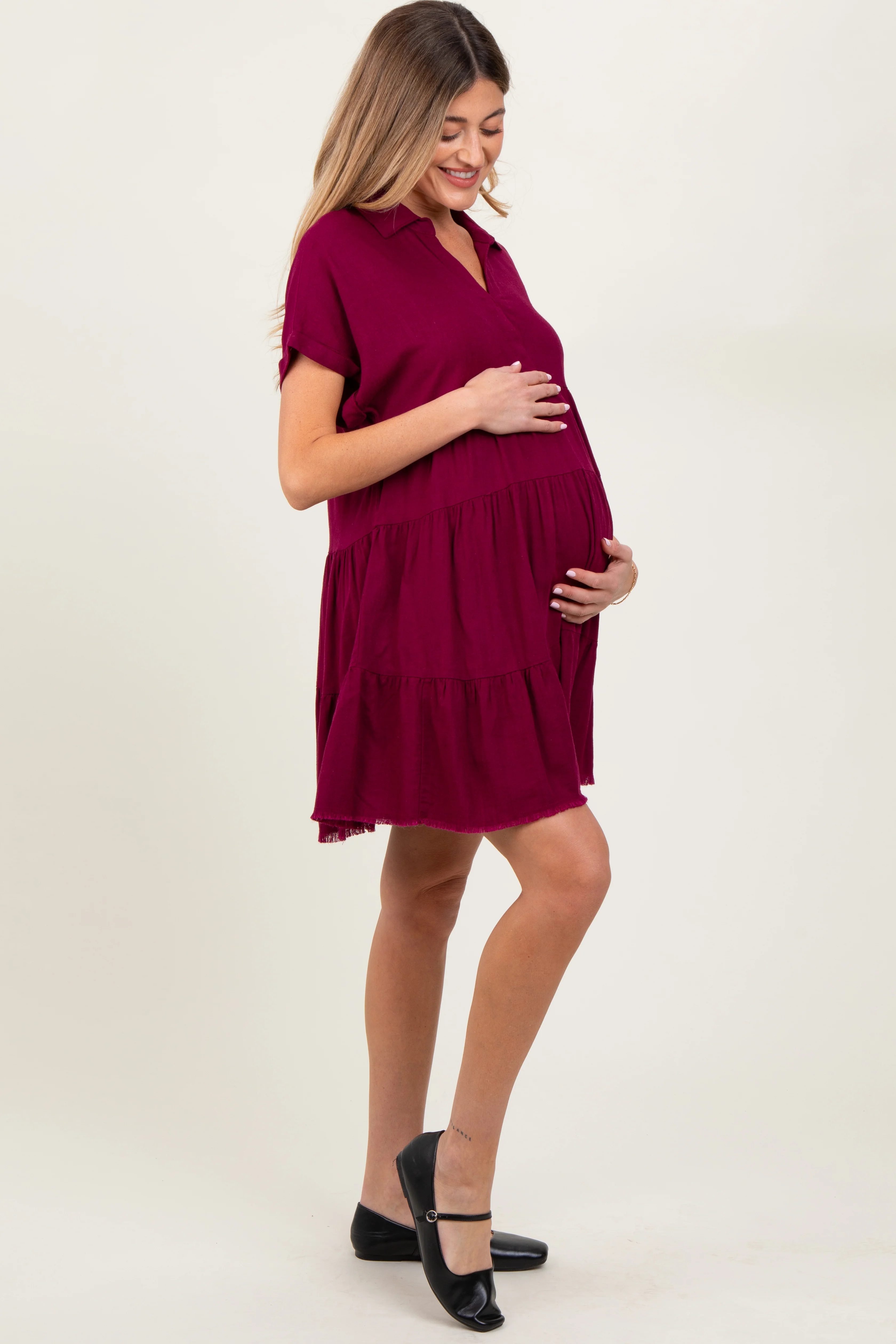 Burgundy Tiered Linen Maternity Dress - Image 3