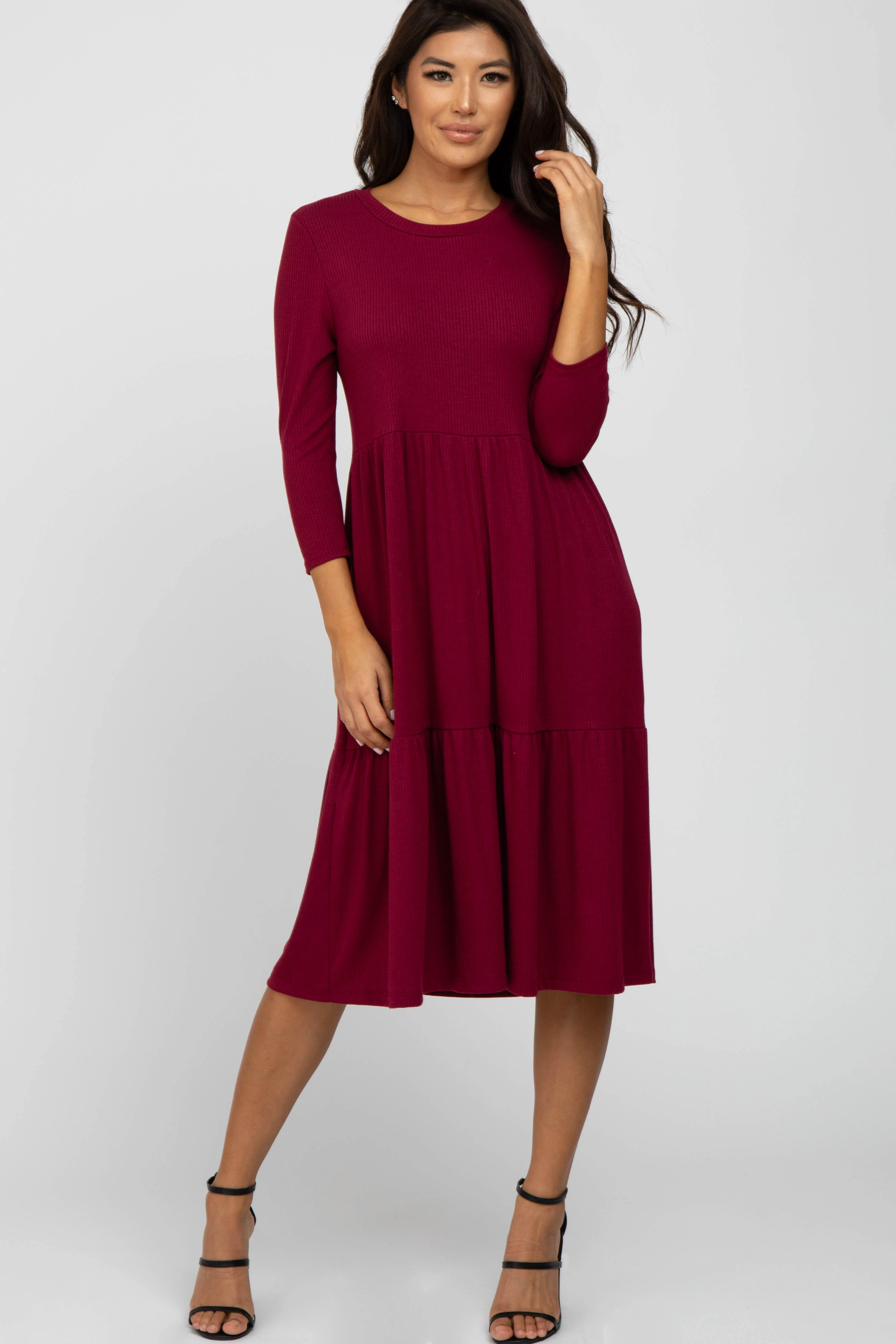 Burgundy Tiered Ribbed 3/4 Sleeve Maternity Midi Dress - Image 5