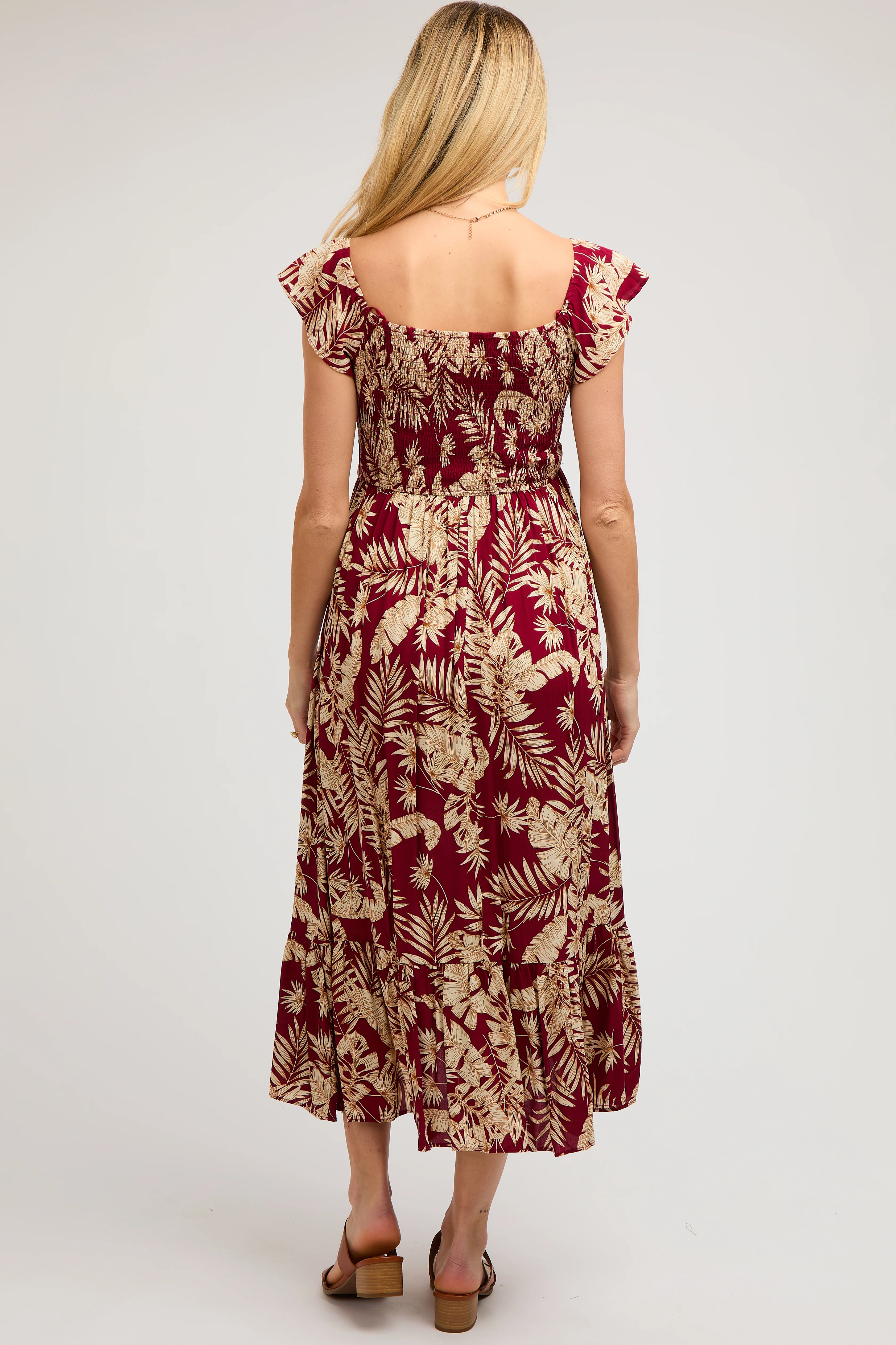 Burgundy Tropical Print Smocked Short Sleeve Maternity Maxi Dress - Image 4