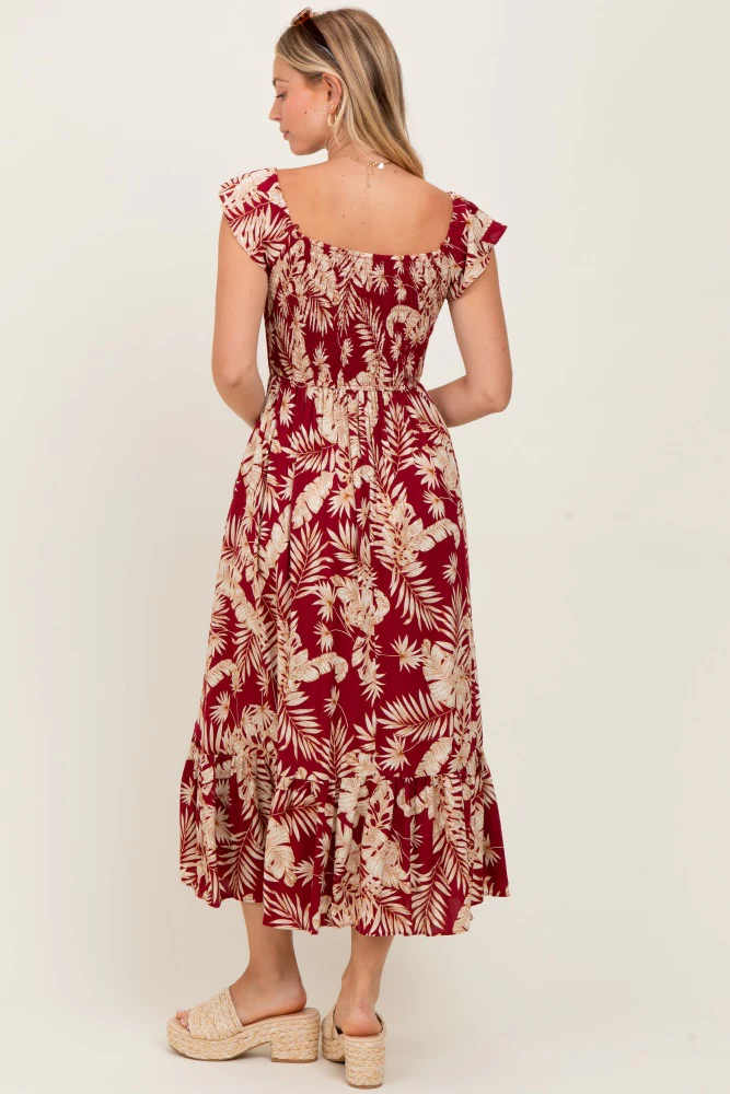 Burgundy Tropical Print Smocked Short Sleeve Maxi Dress - Image 4
