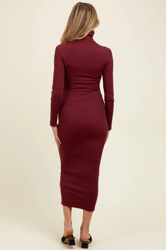 Burgundy Turtle Neck Ribbed Fitted Long Sleeve Maternity Maxi Dress - Image 4