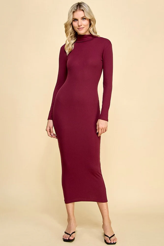 Burgundy Turtle Neck Ribbed Fitted Long Sleeve Maternity Maxi Dress - Image 5