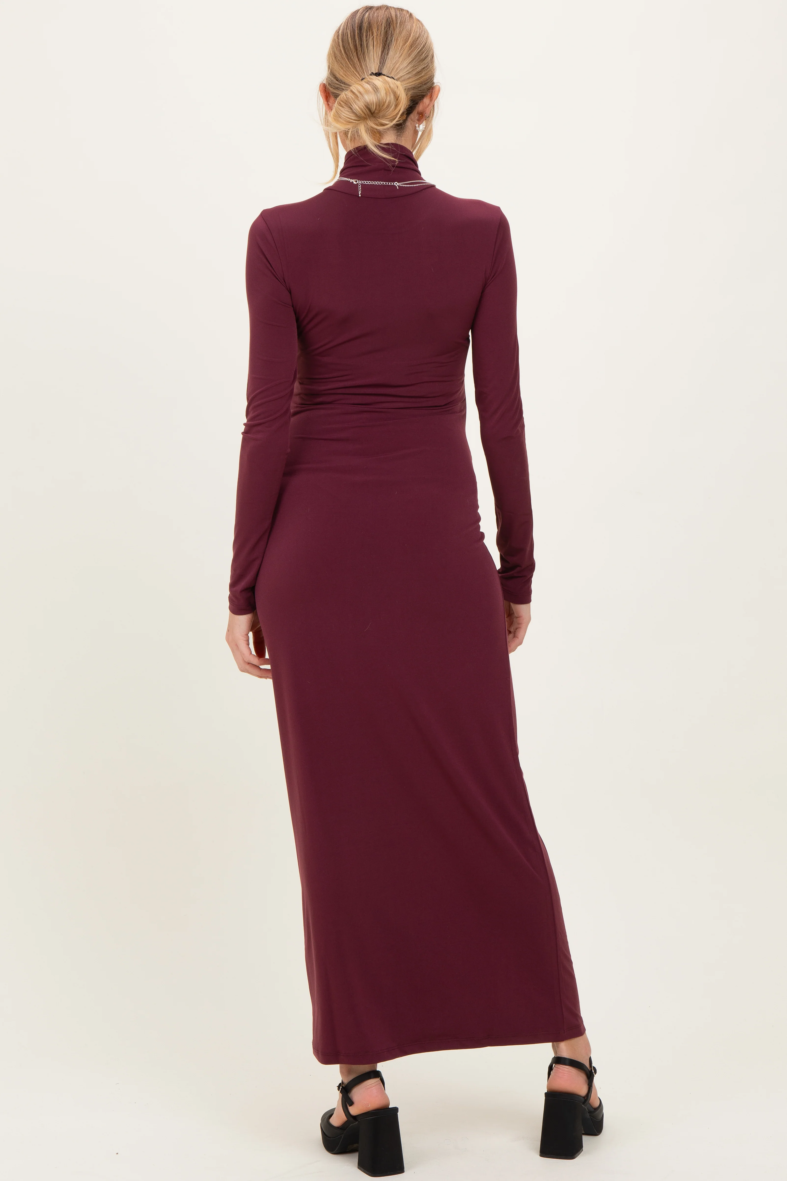 Burgundy Turtleneck Long Sleeve Maternity Maxi Dress - Image 3