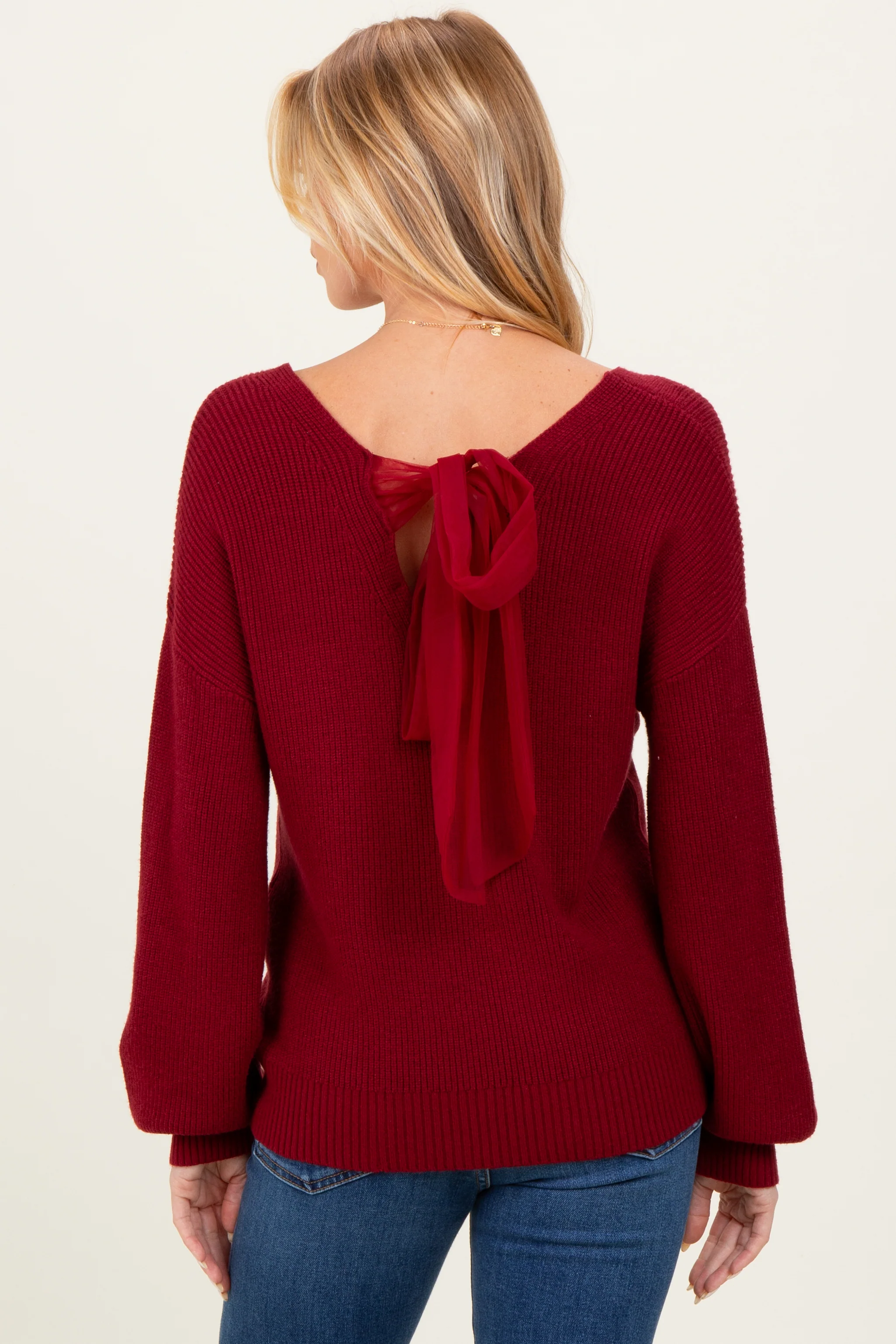 Burgundy V-Neck Drop Shoulder Back Bow Tie Detail Maternity Sweater - Image 2