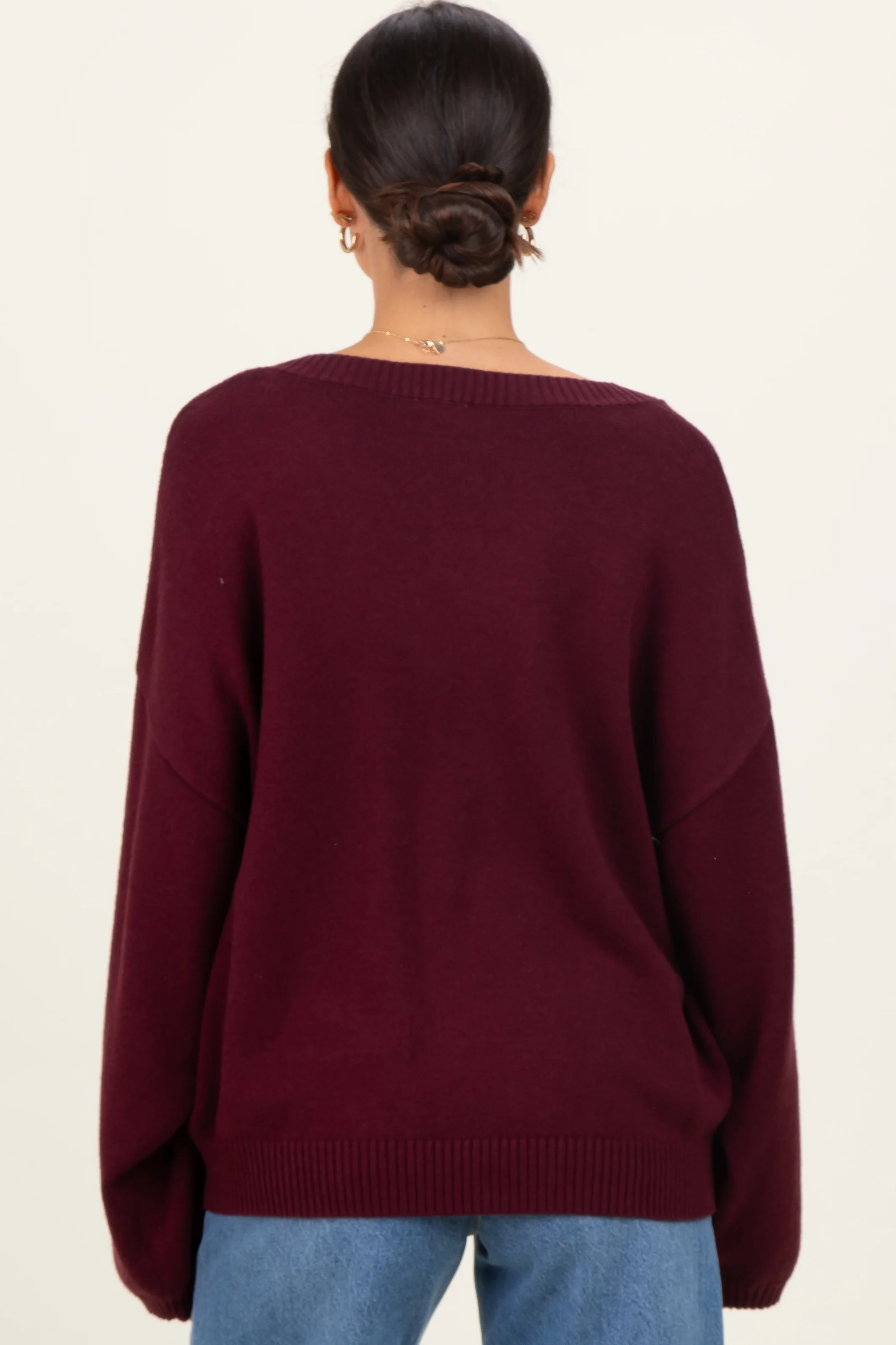 Burgundy V-Neck Drop Shoulder Maternity Sweater - Image 4