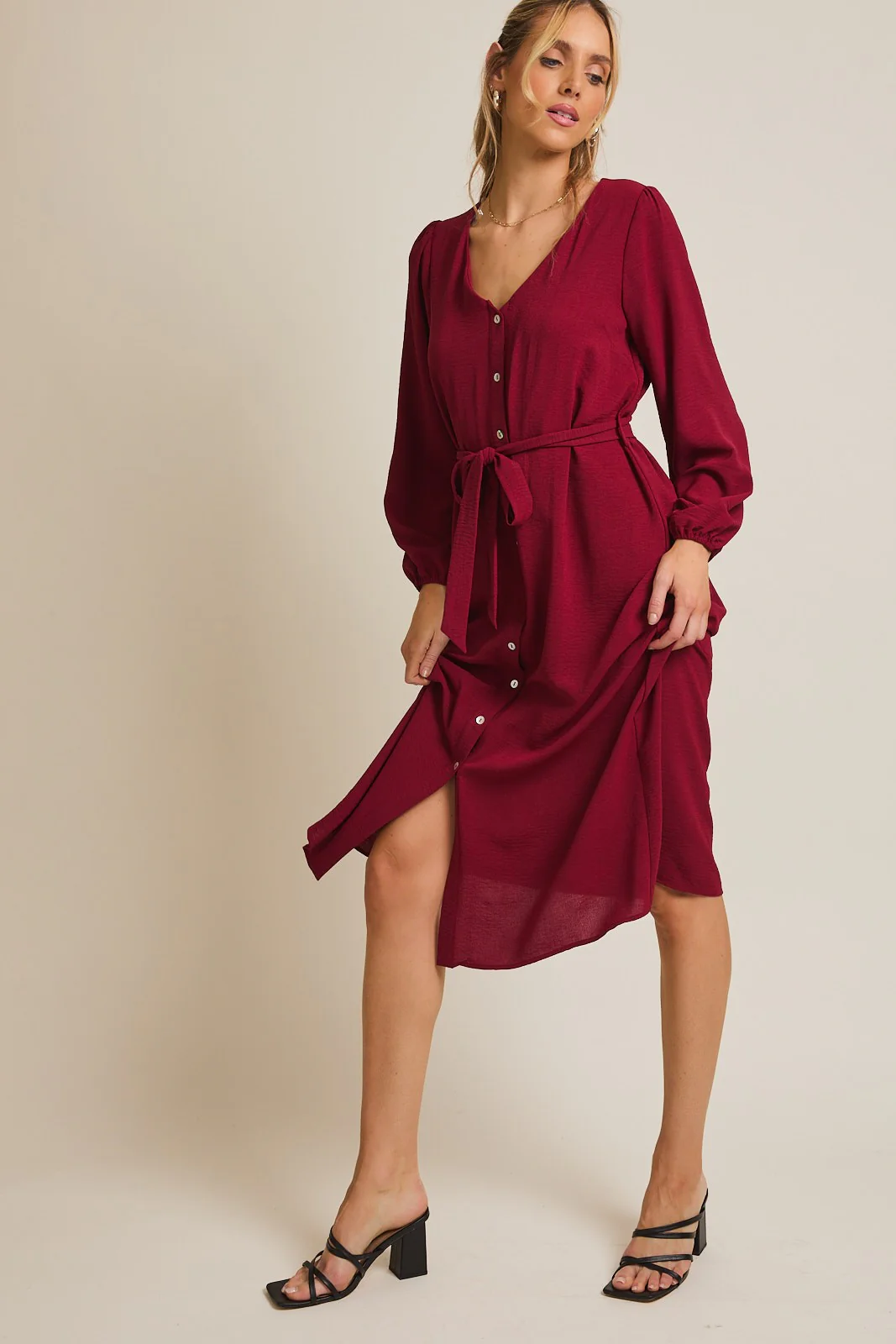 Burgundy V Neck Long Sleeve Button Down Midi Dress - Image 4