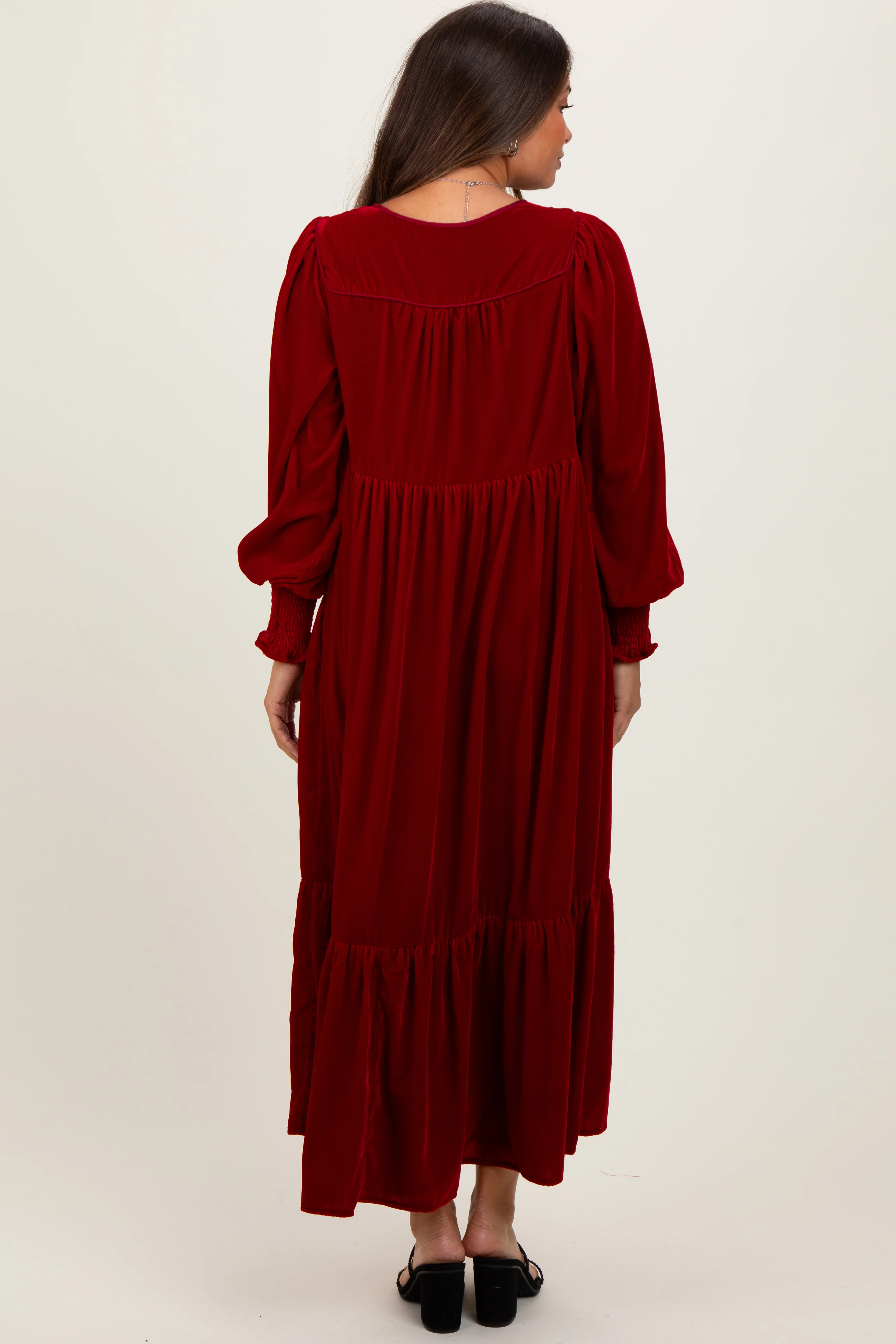 Burgundy Velvet Button Accent Smocked Sleeve Maternity Midi Dress - Image 4