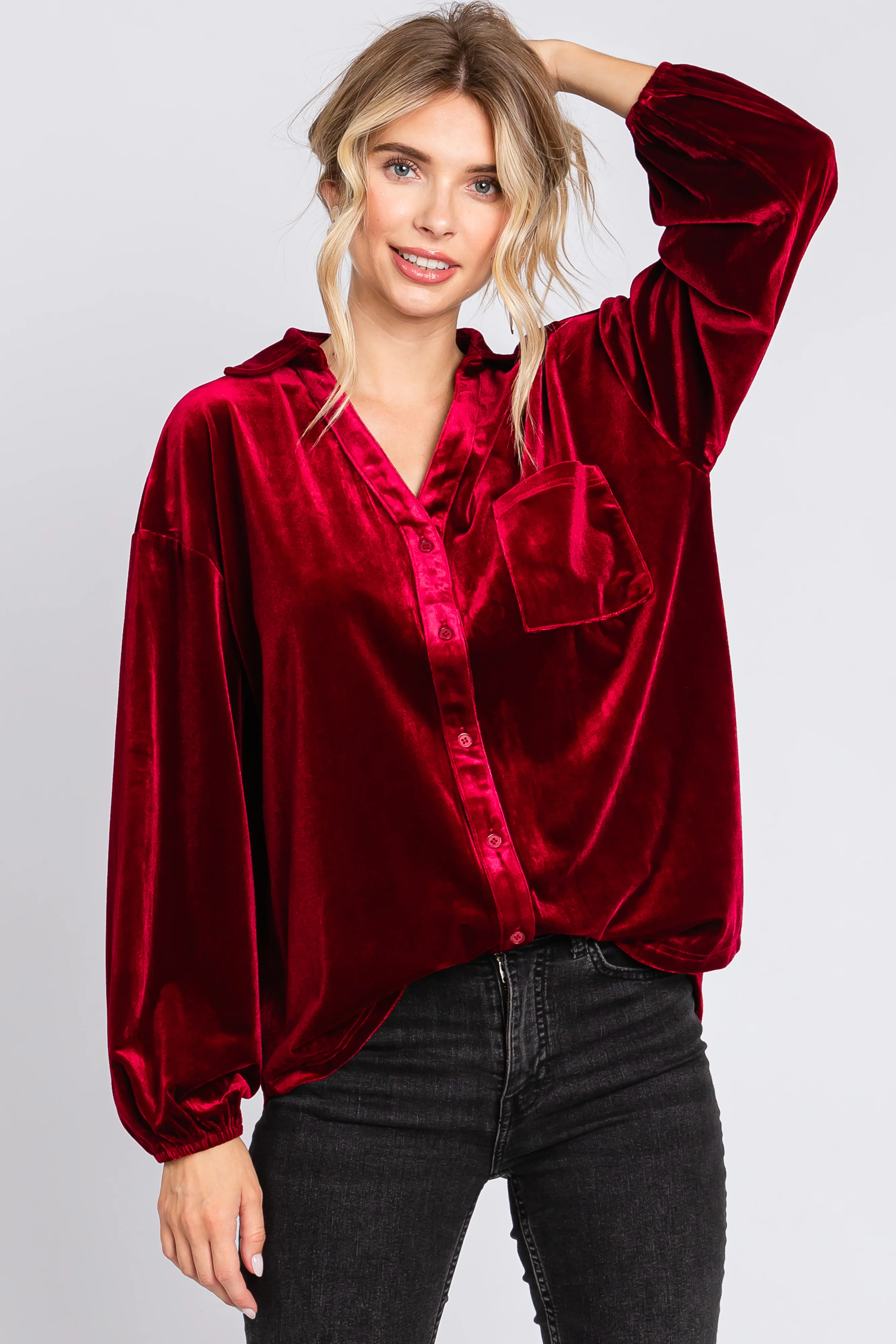 Burgundy Velvet Button Fron Collared Blouse - Image 4