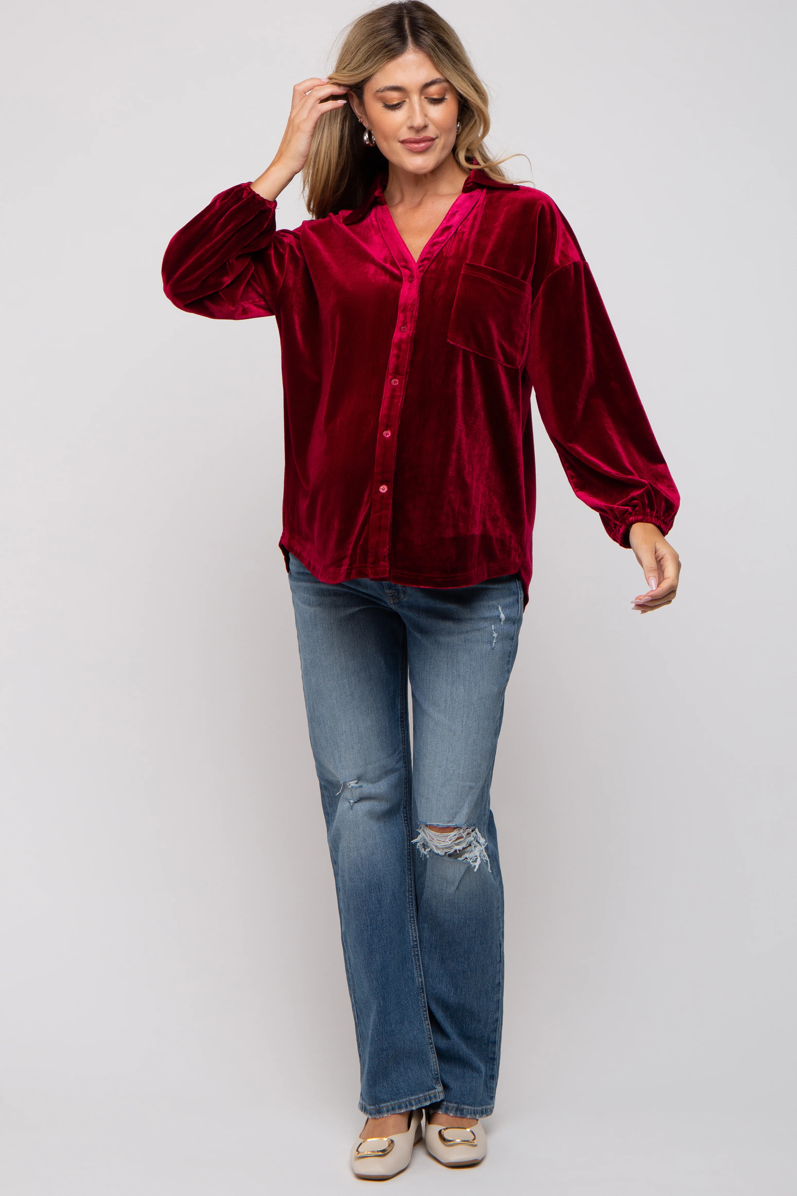 Burgundy Velvet Button Front Collared Maternity Blouse - Image 4
