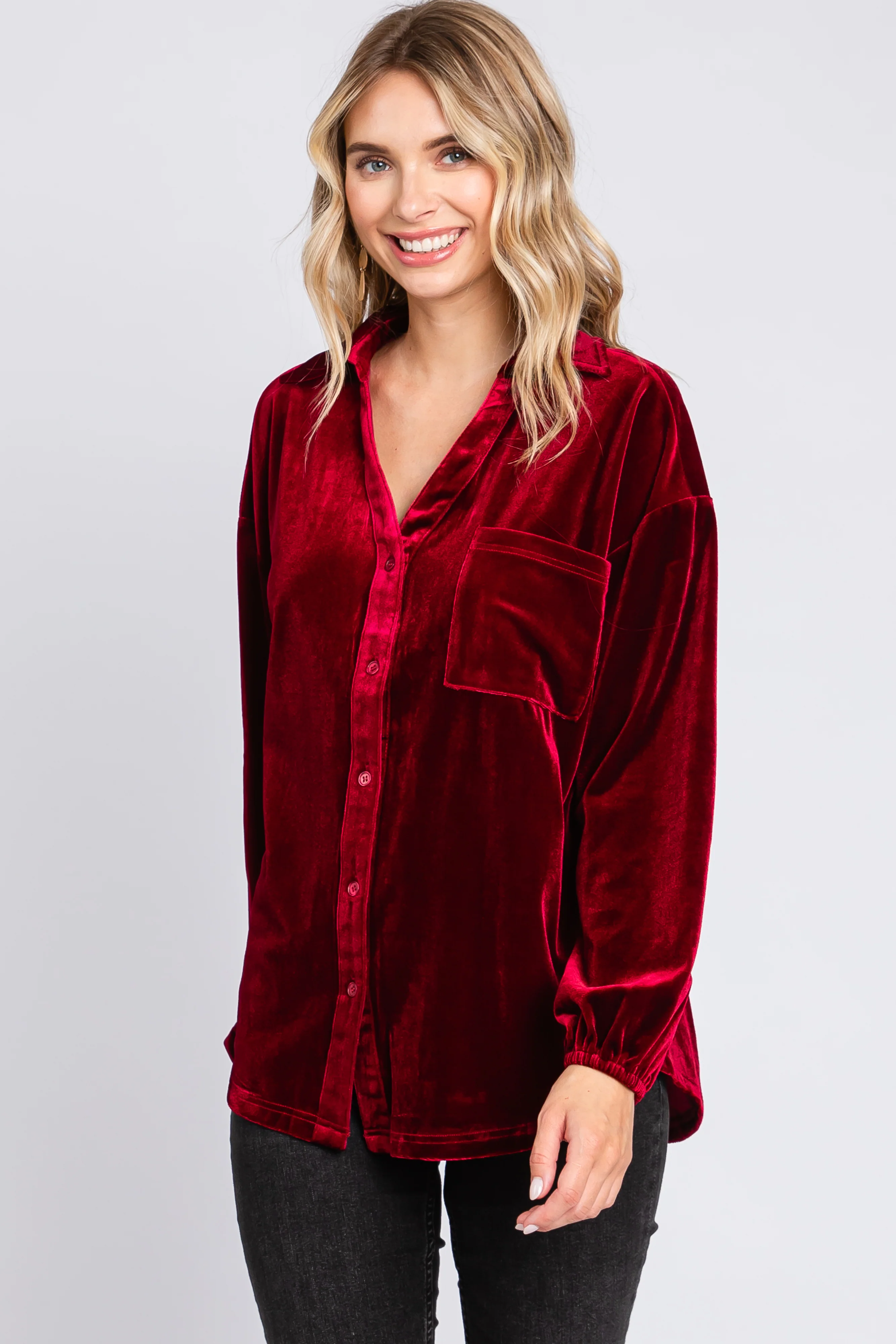 Burgundy Velvet Button Front Collared Maternity Blouse - Image 6