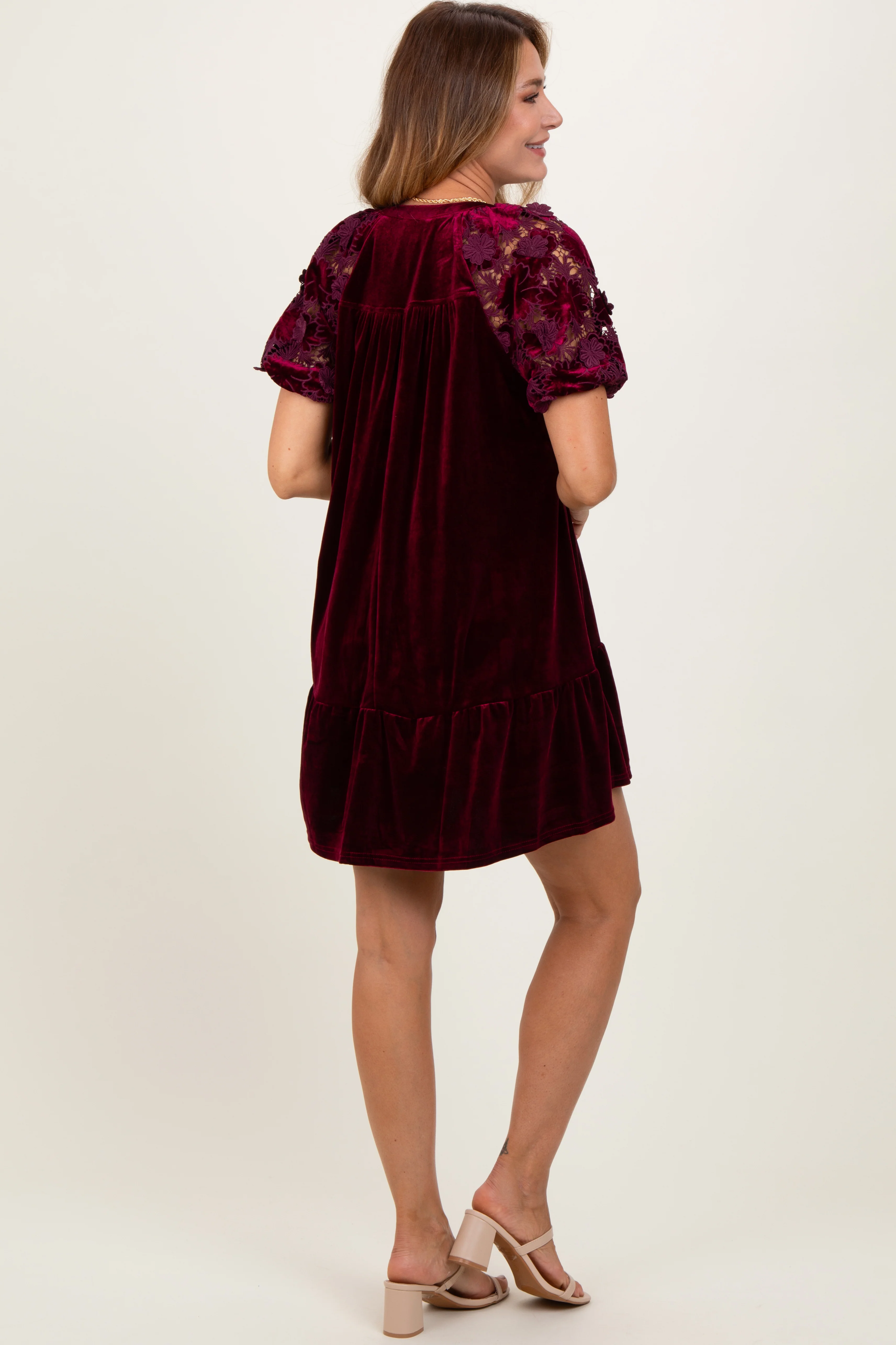 Burgundy Velvet Floral Lace Short Sleeve Dress - Image 4