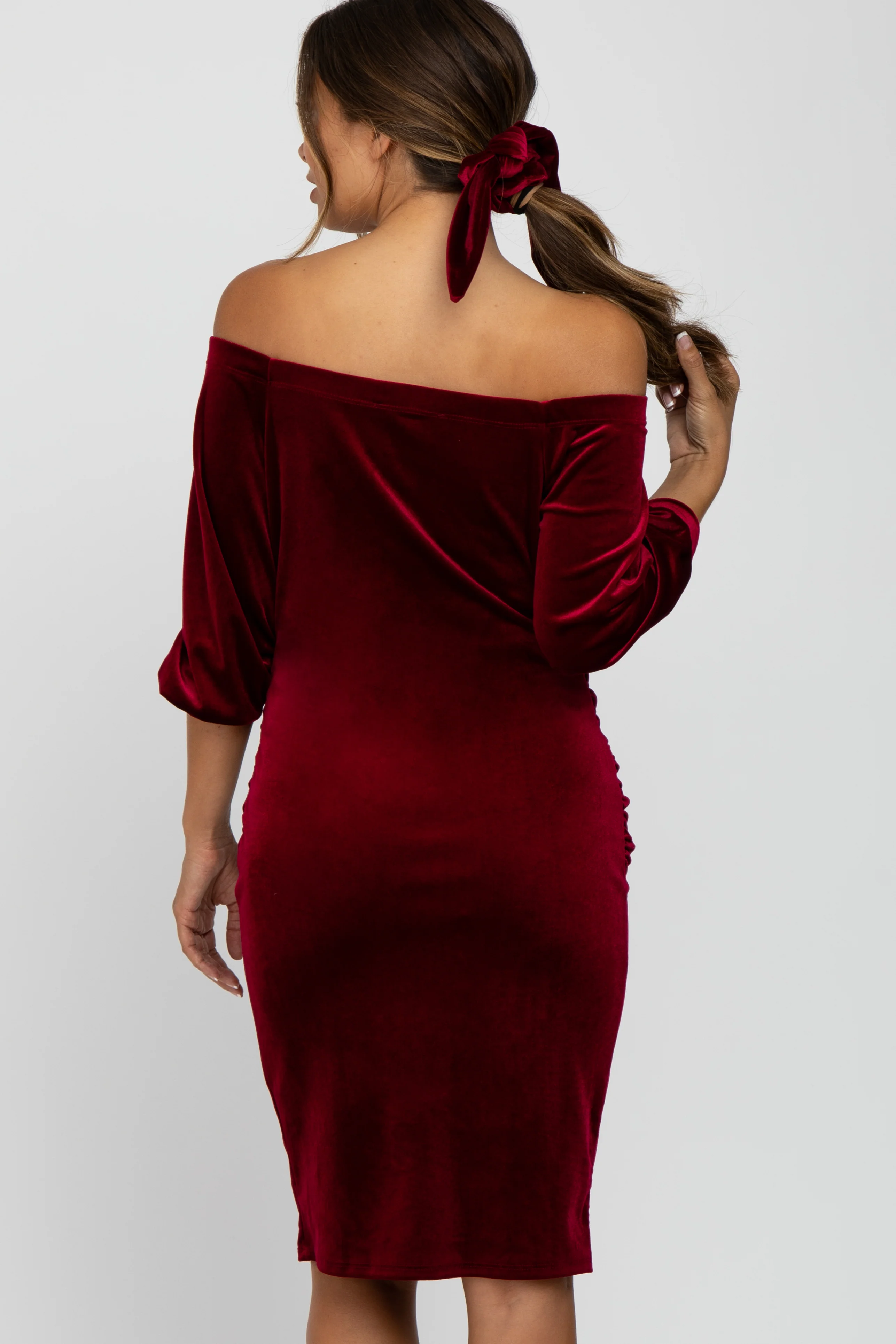 Burgundy Velvet Off Shoulder Fitted Maternity Dress - Image 3