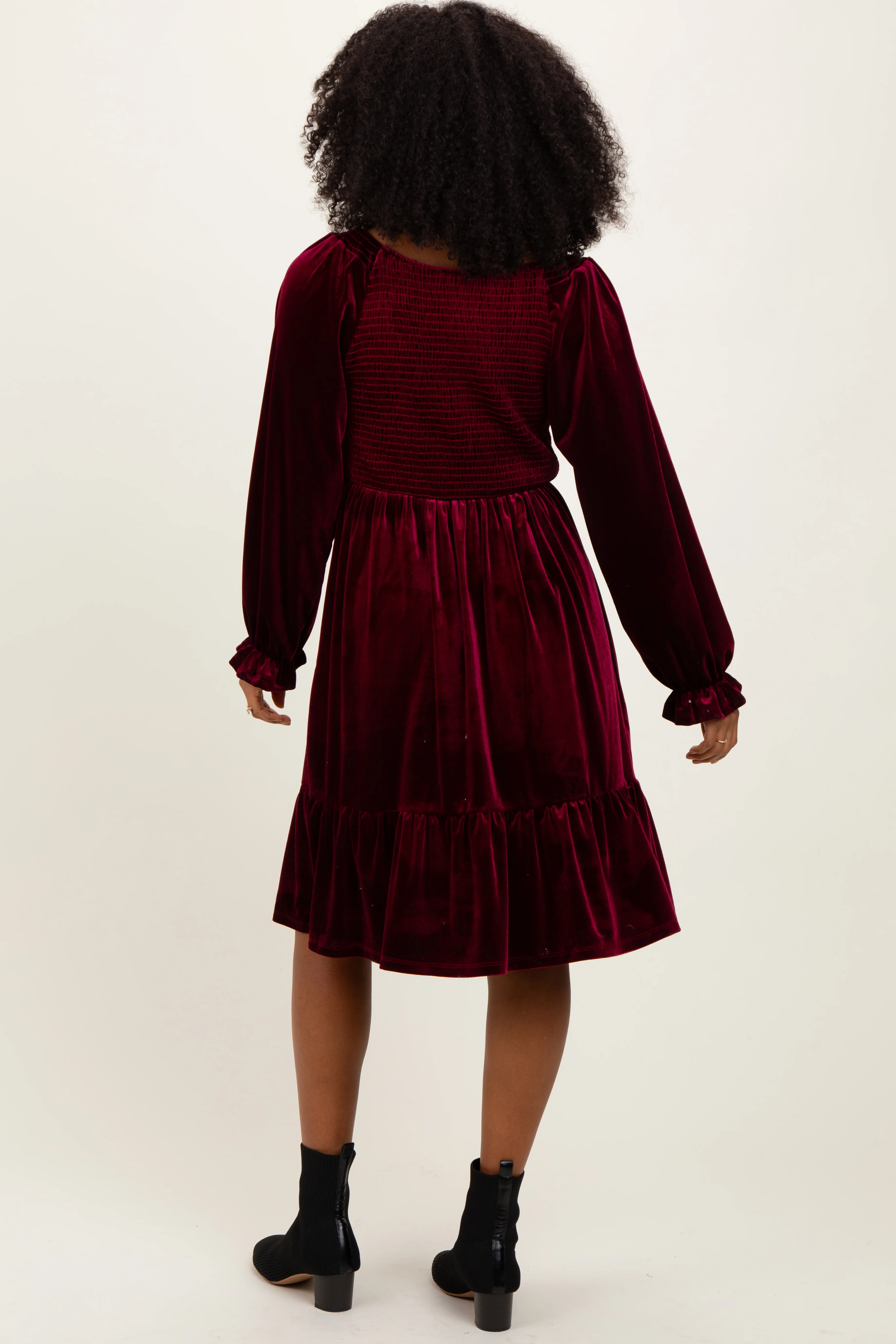 Burgundy Velvet Smocked Long Sleeve Dress - Image 3