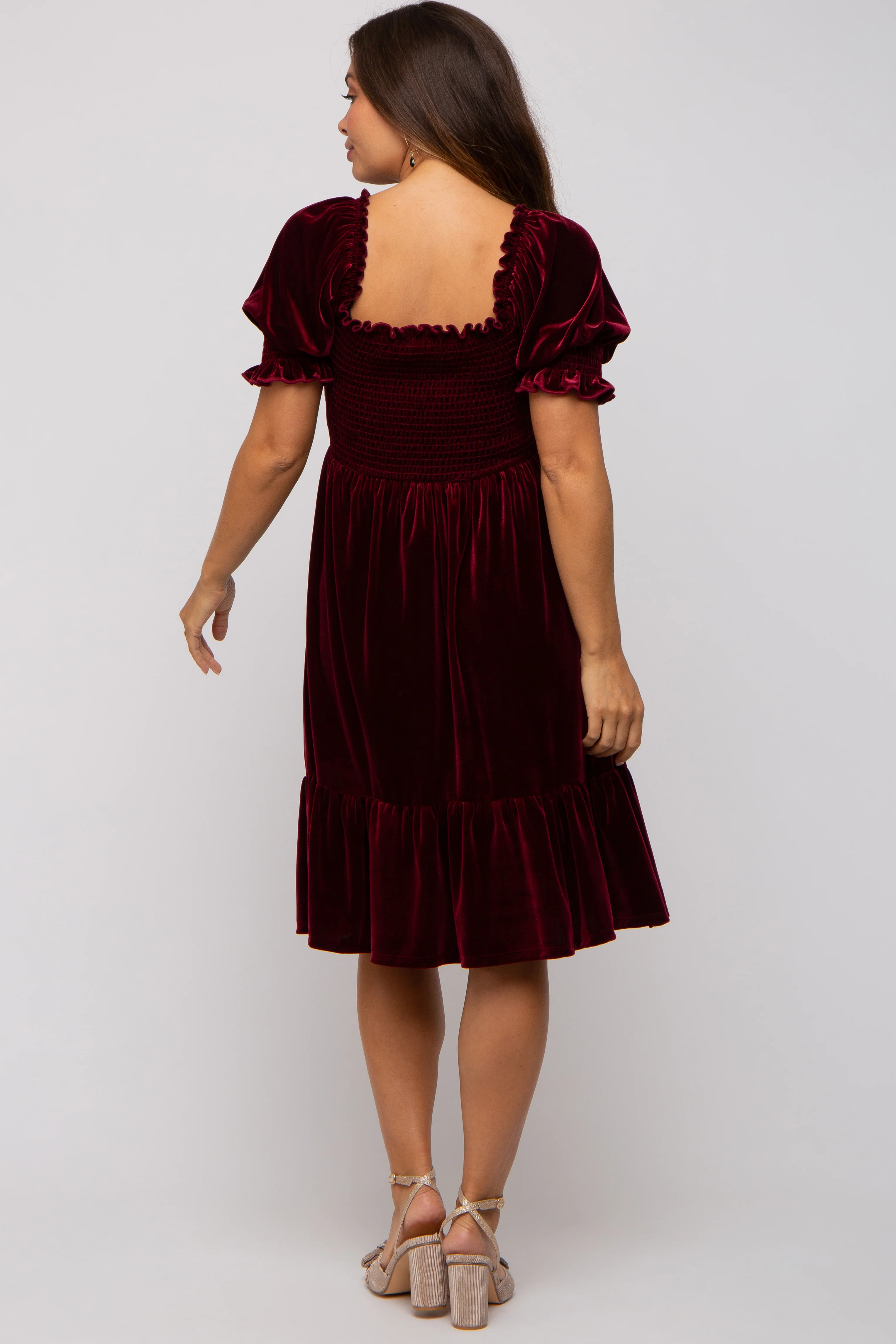 Burgundy Velvet Smocked Puff Sleeve Maternity Dress - Image 4