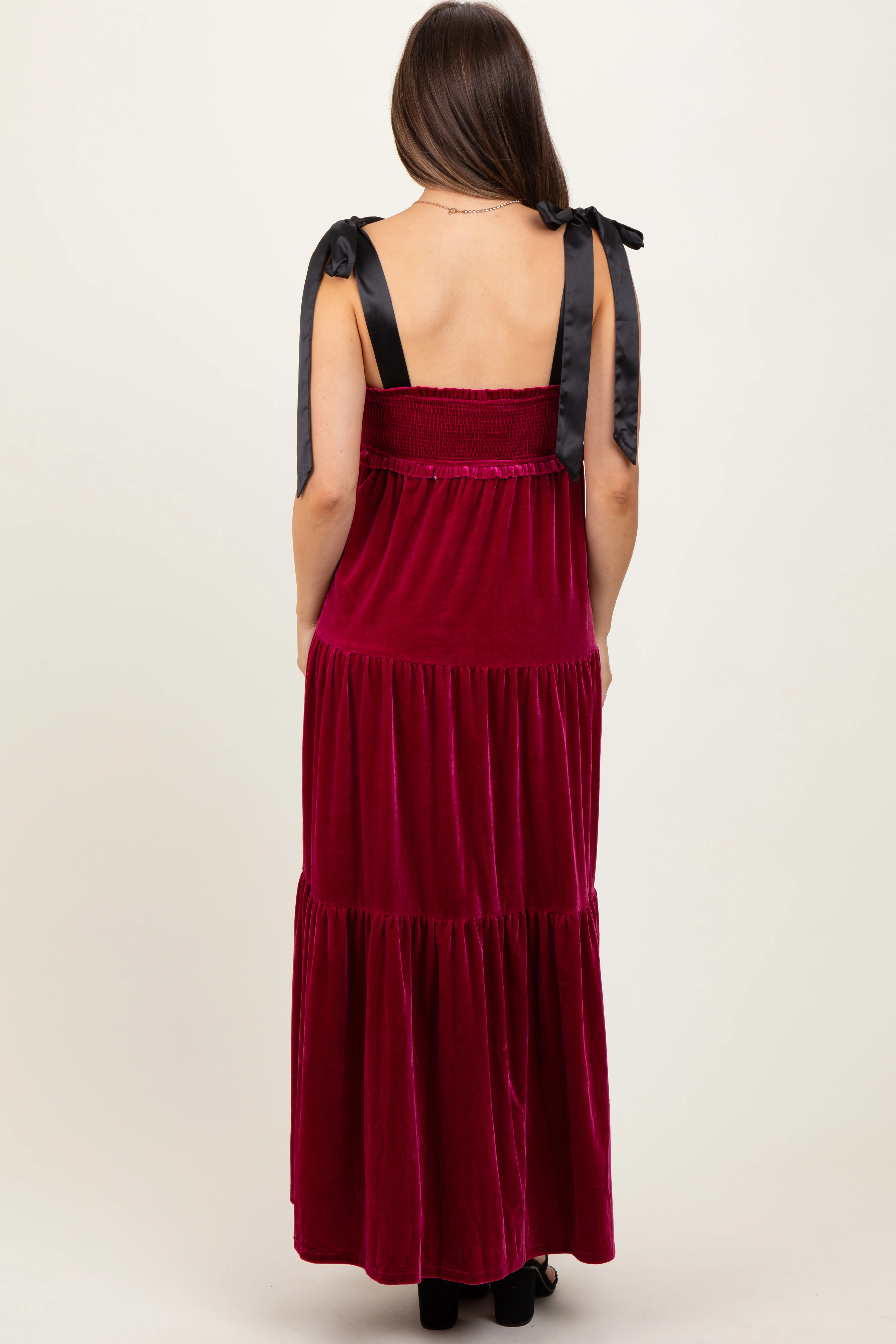 Burgundy Velvet Smocked Satin Shoulder Tie Maternity Maxi Dress - Image 3