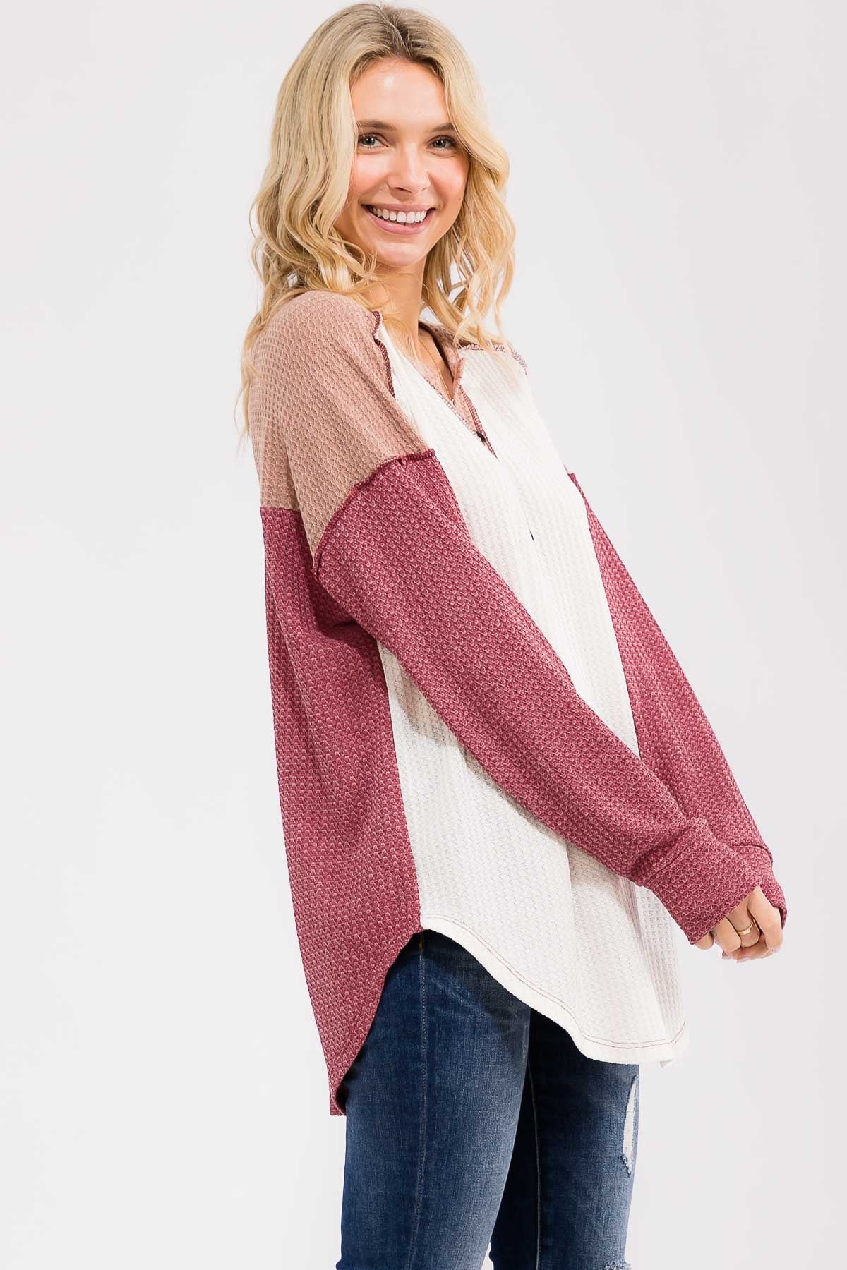 Burgundy Waffle Knit Colorblock Top - Image 3