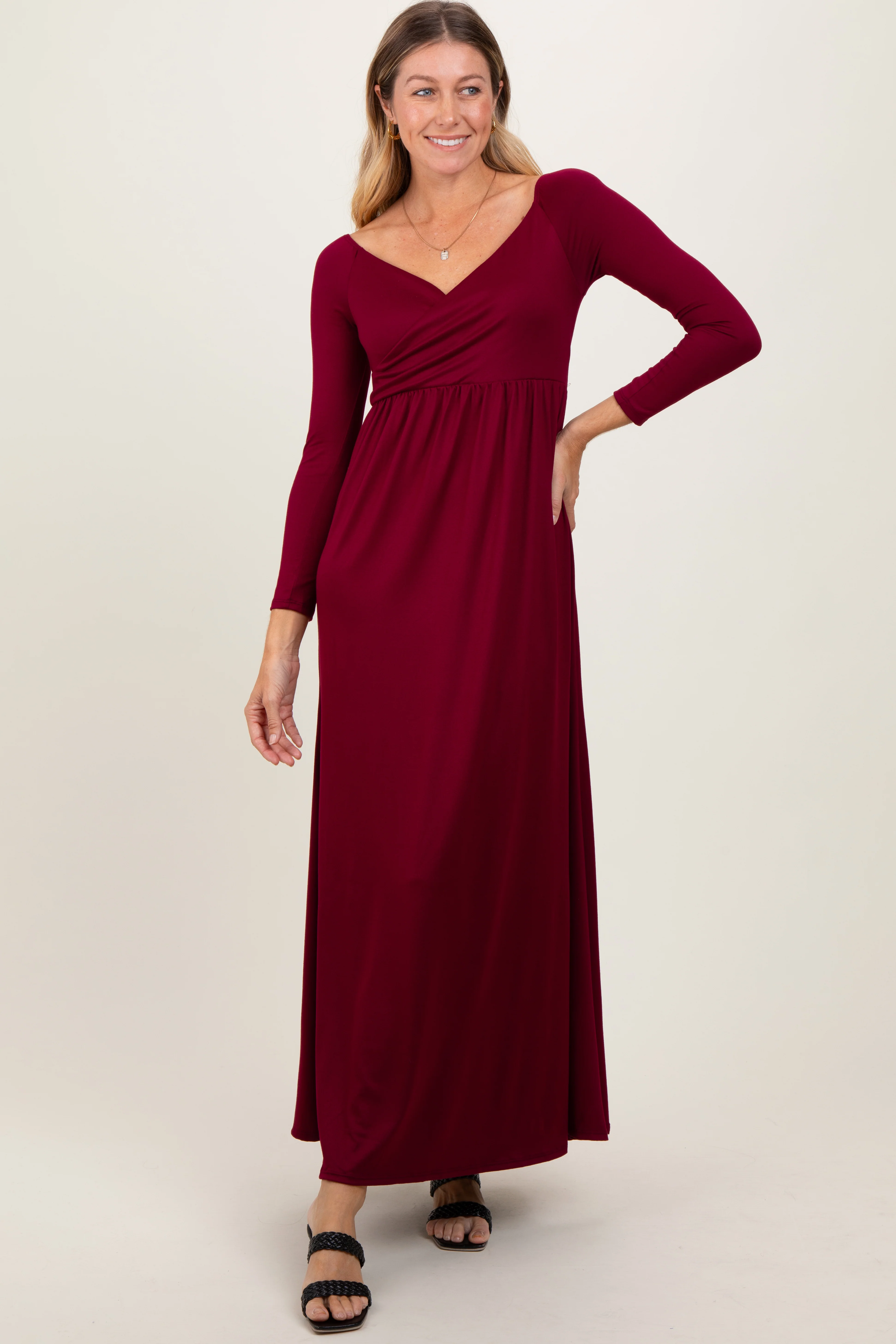 Burgundy Wrap Front Empire Waist Maternity Maxi Dress - Image 4