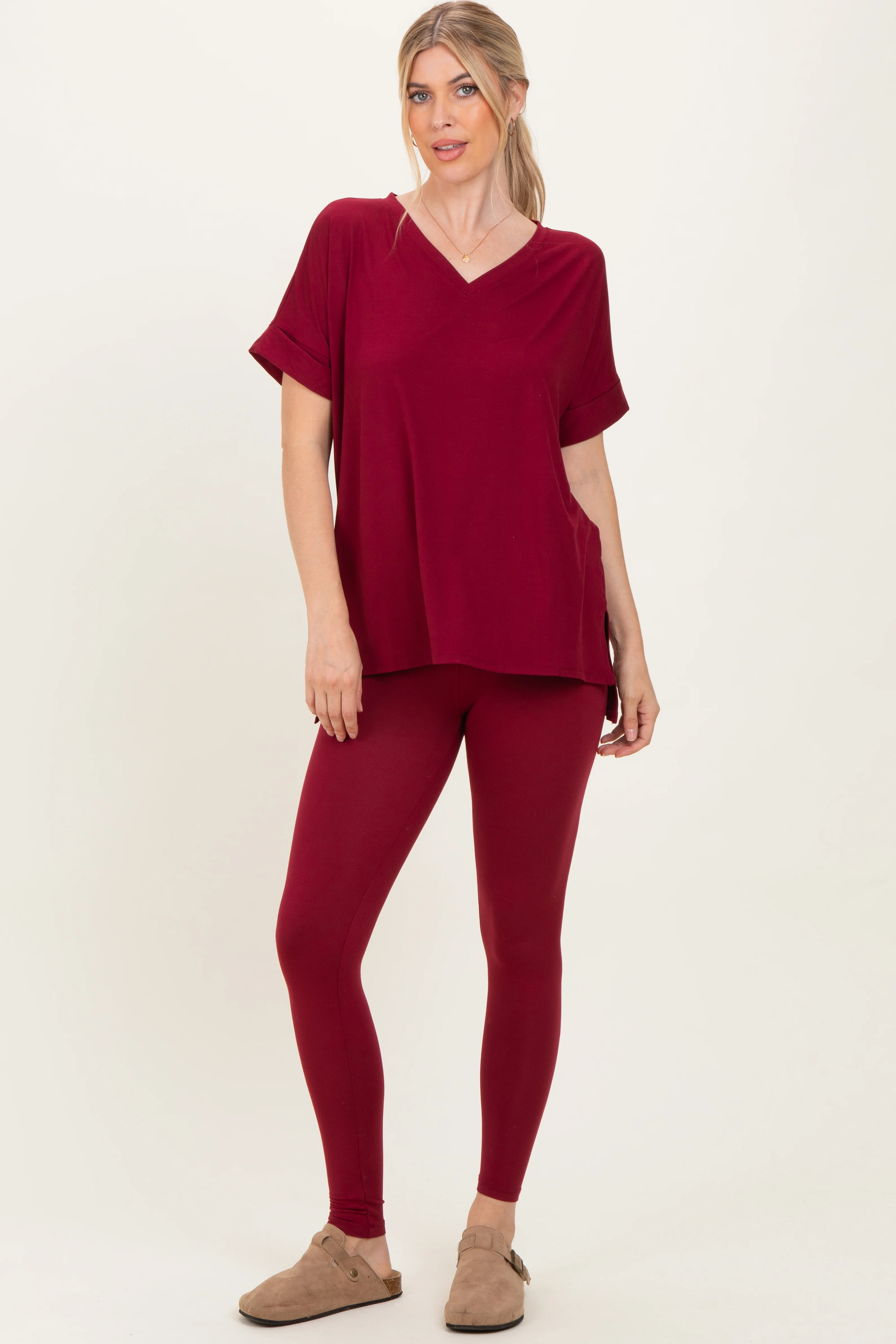 Cabernet Oversized V-Neck Tee Legging Maternity Lounge Set - Image 5
