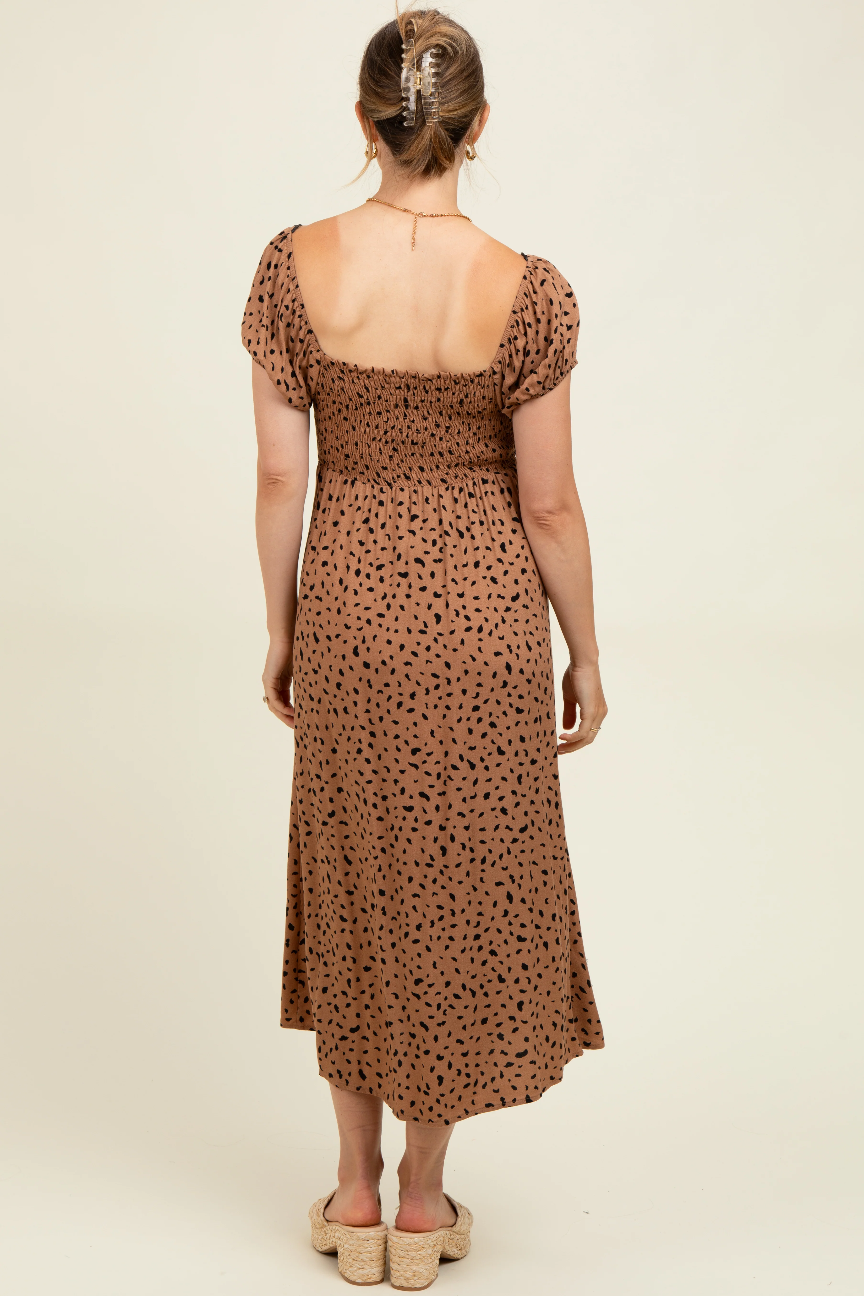 Camel Animal Print Button Accent Maternity Midi Dress - Image 3