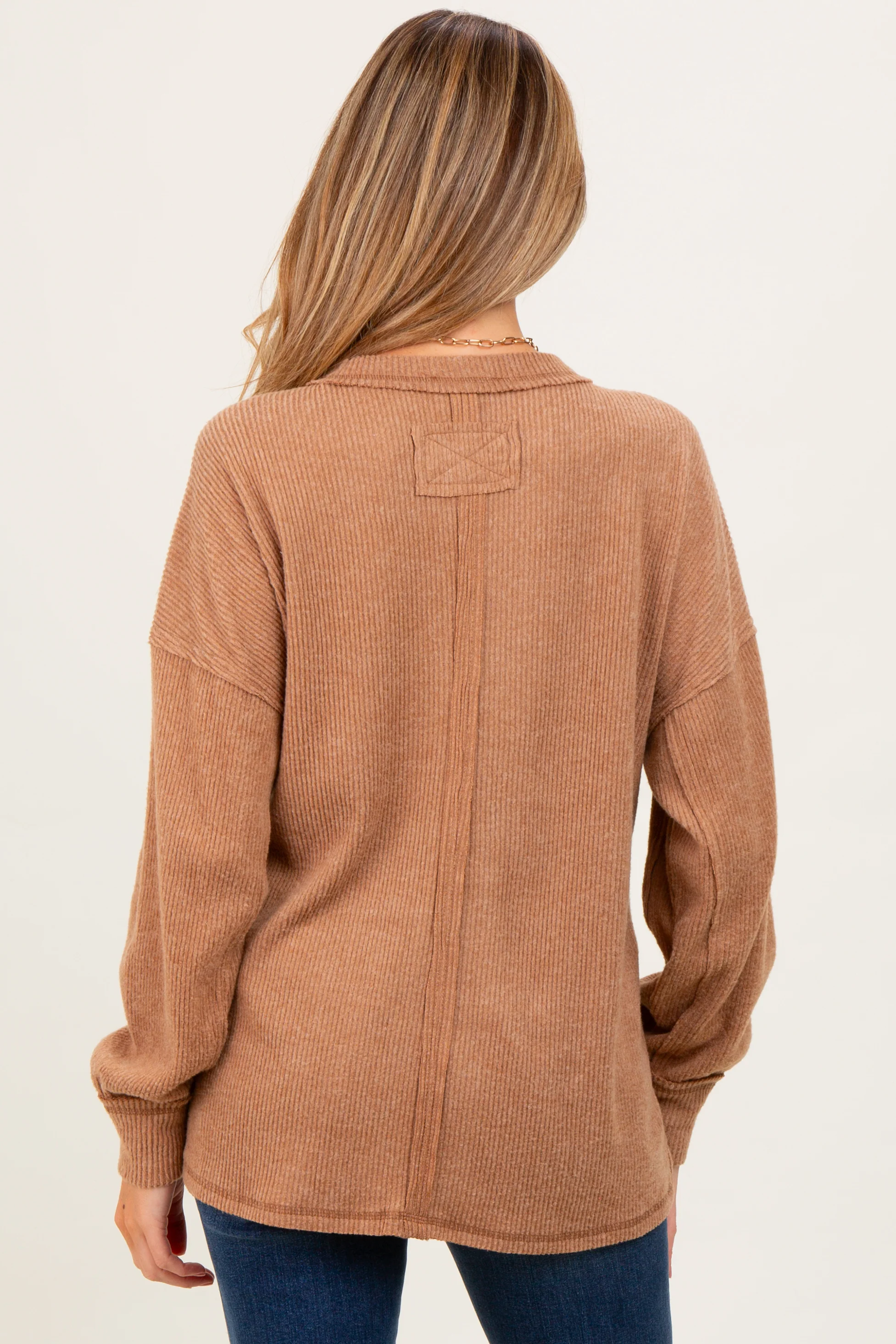 Camel Brushed Ribbed Knit Maternity Pullover - Image 3