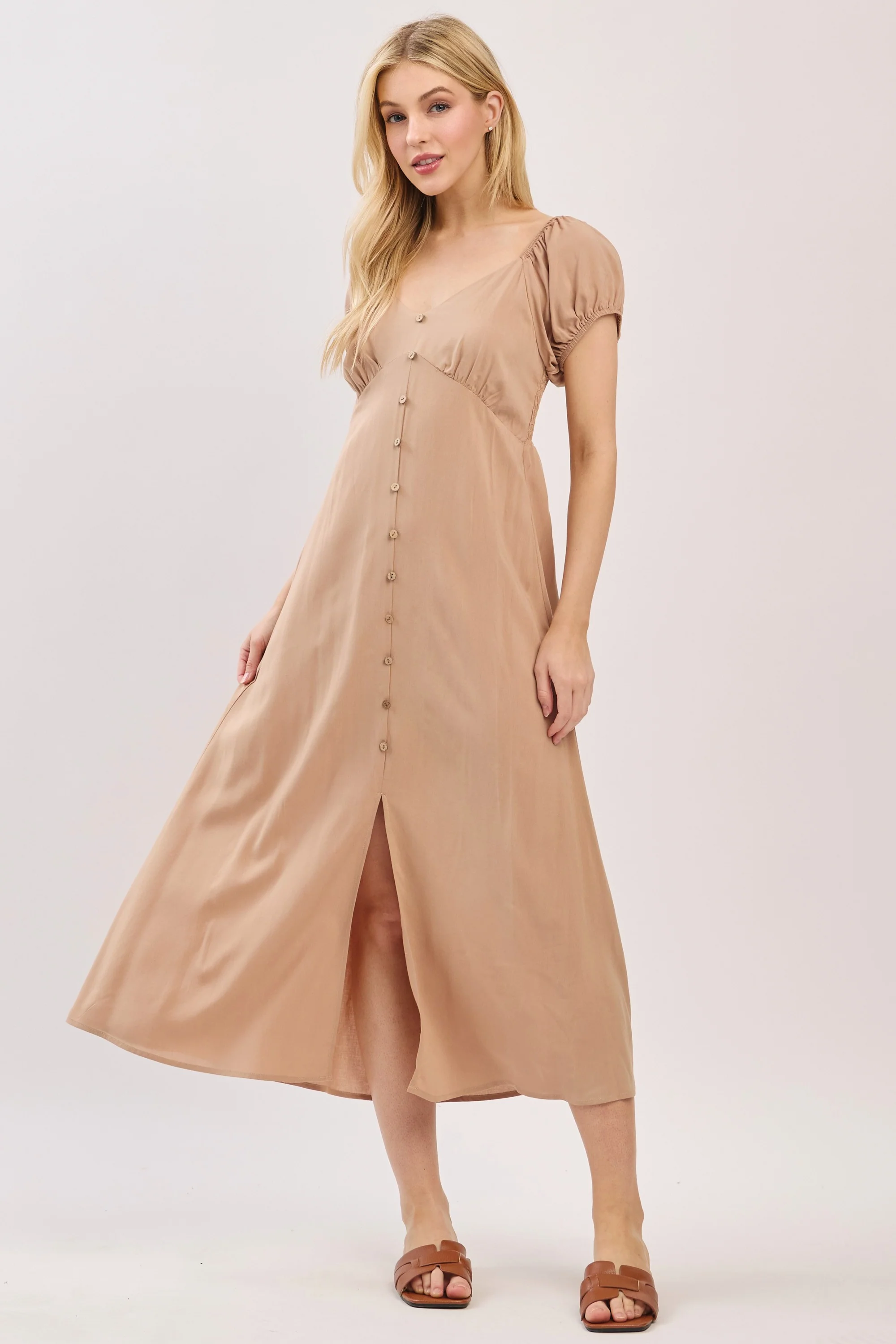 Camel Button Accent Front Slit Midi Dress
