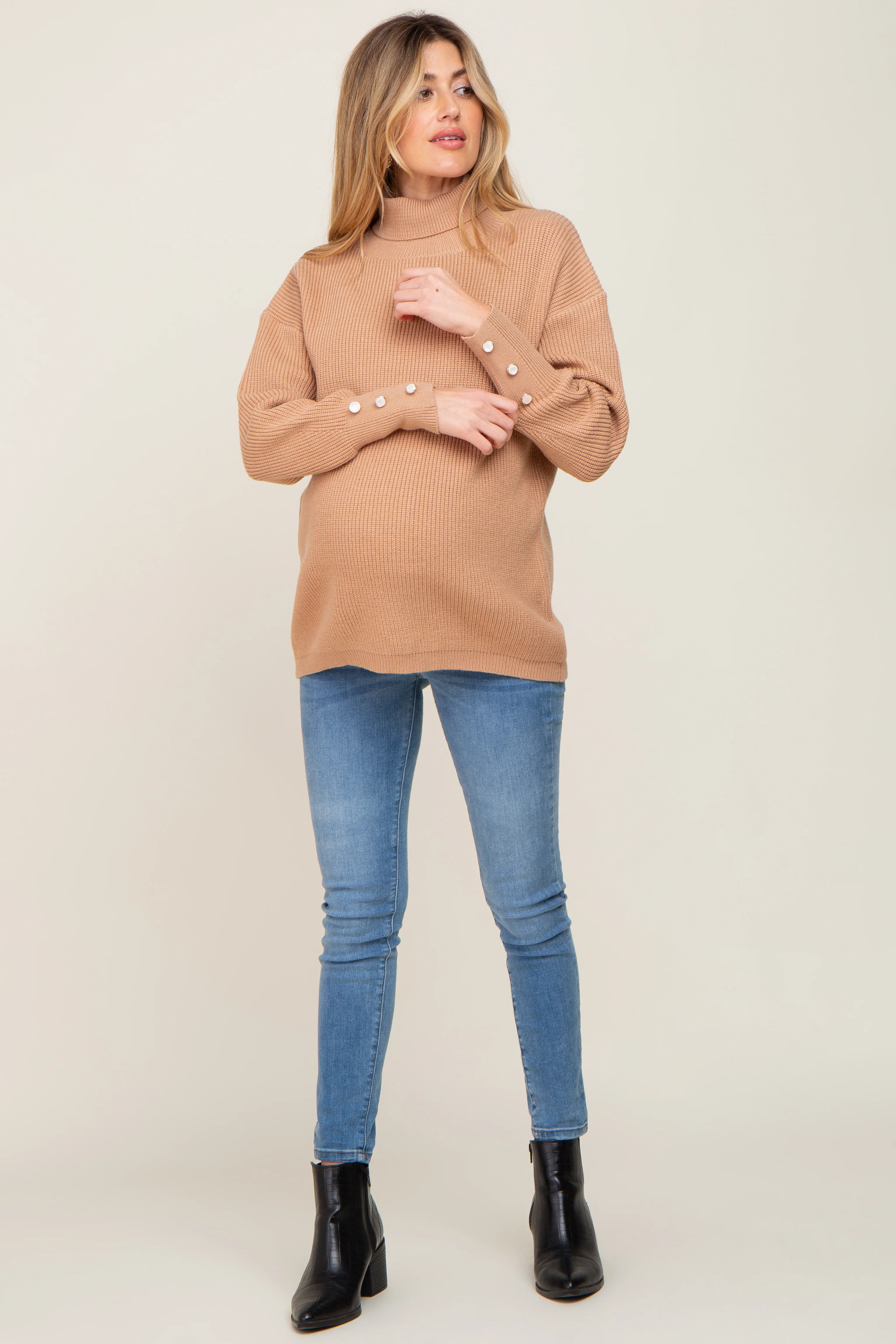 Camel Button Accent Turtleneck Maternity Sweater - Image 4