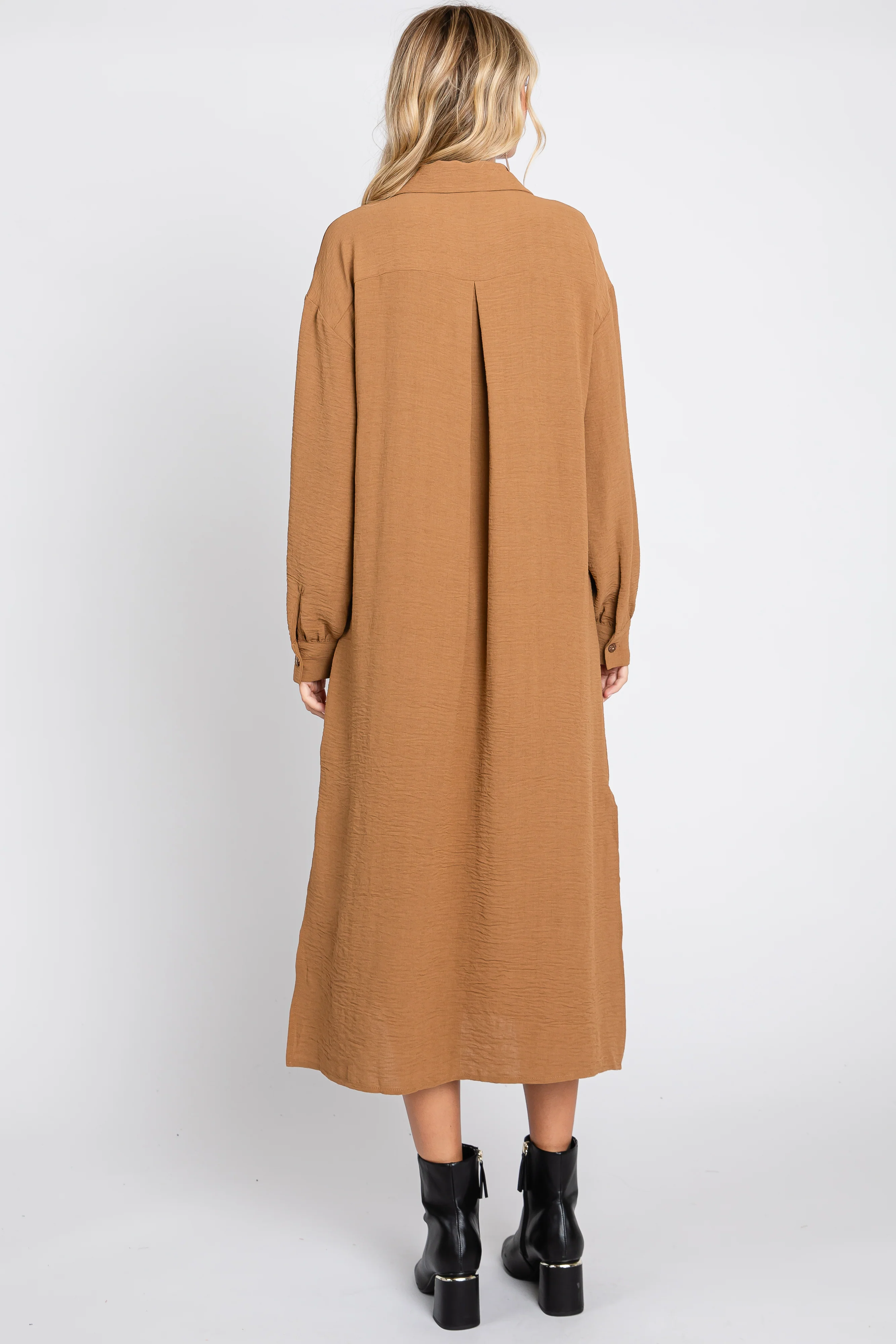 Camel Button Down Collared Maxi Dress - Image 3