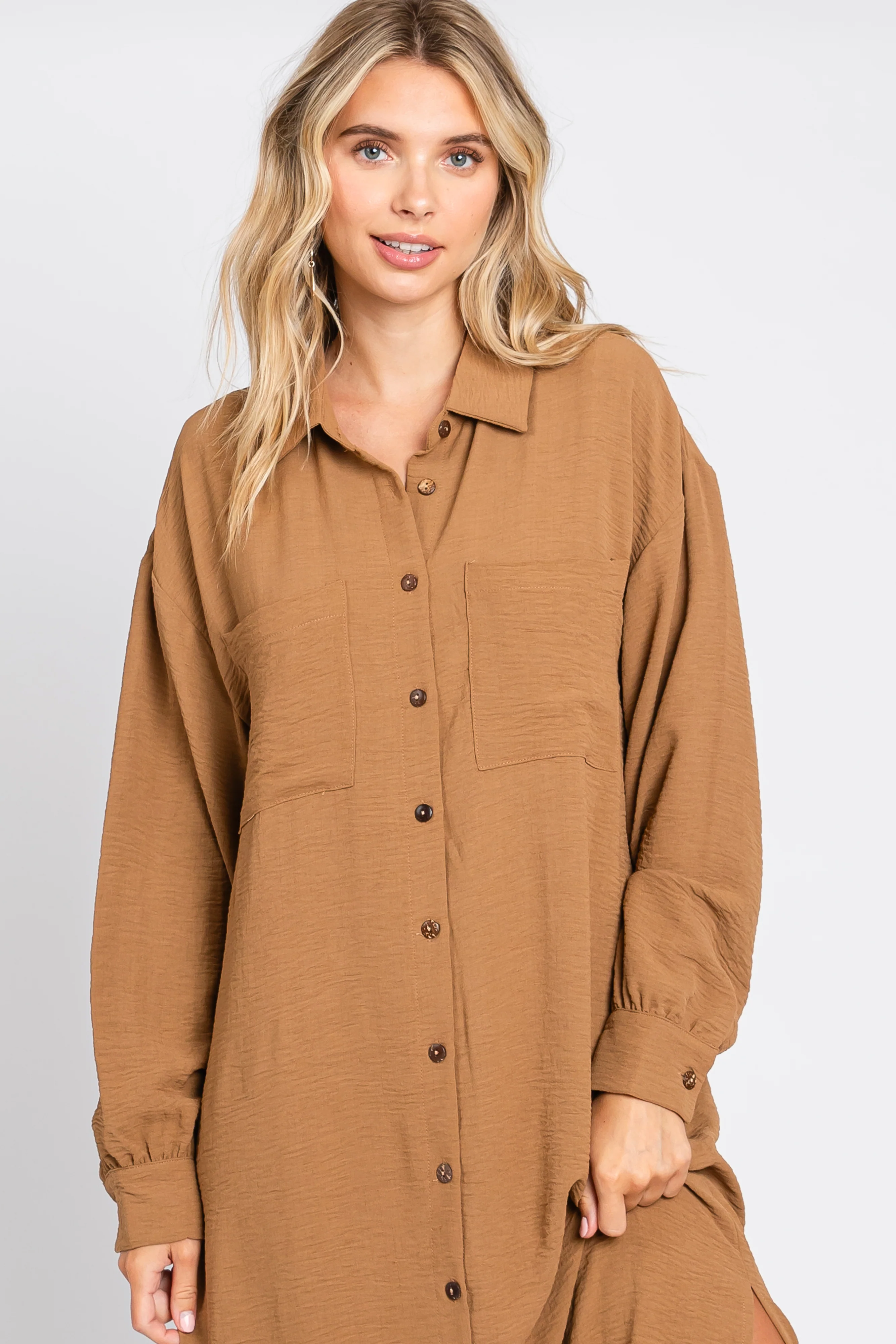 Camel Button Down Collared Maxi Dress - Image 4