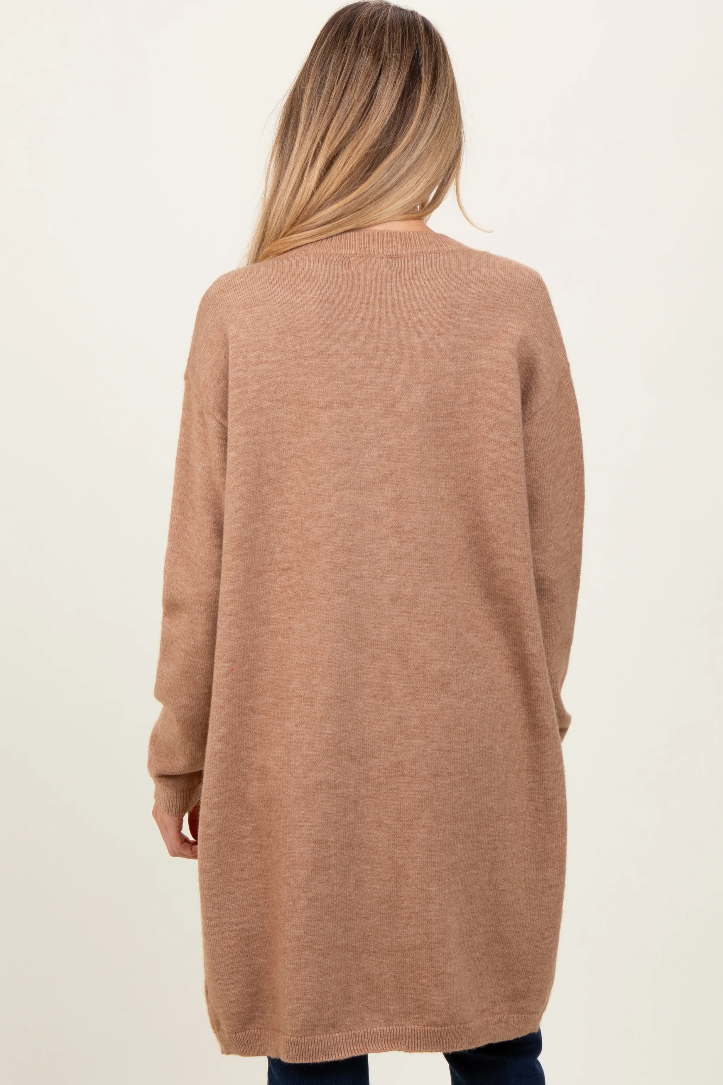 Camel Button Down V-Neck Long Maternity Cardigan - Image 4