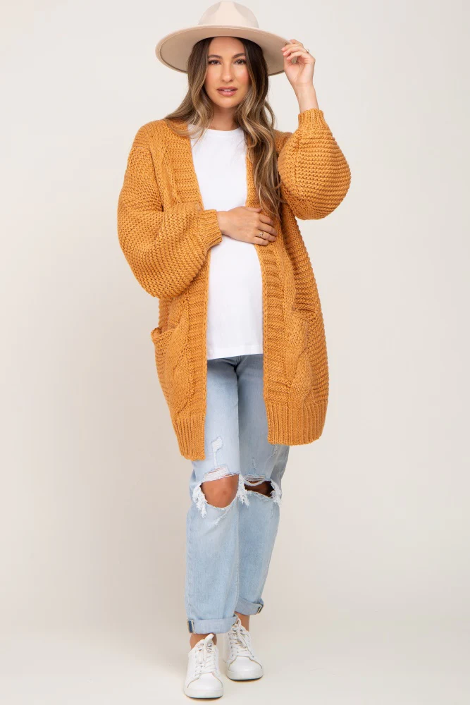 Camel Cable Knit Front Pocket Maternity Cardigan - Image 6