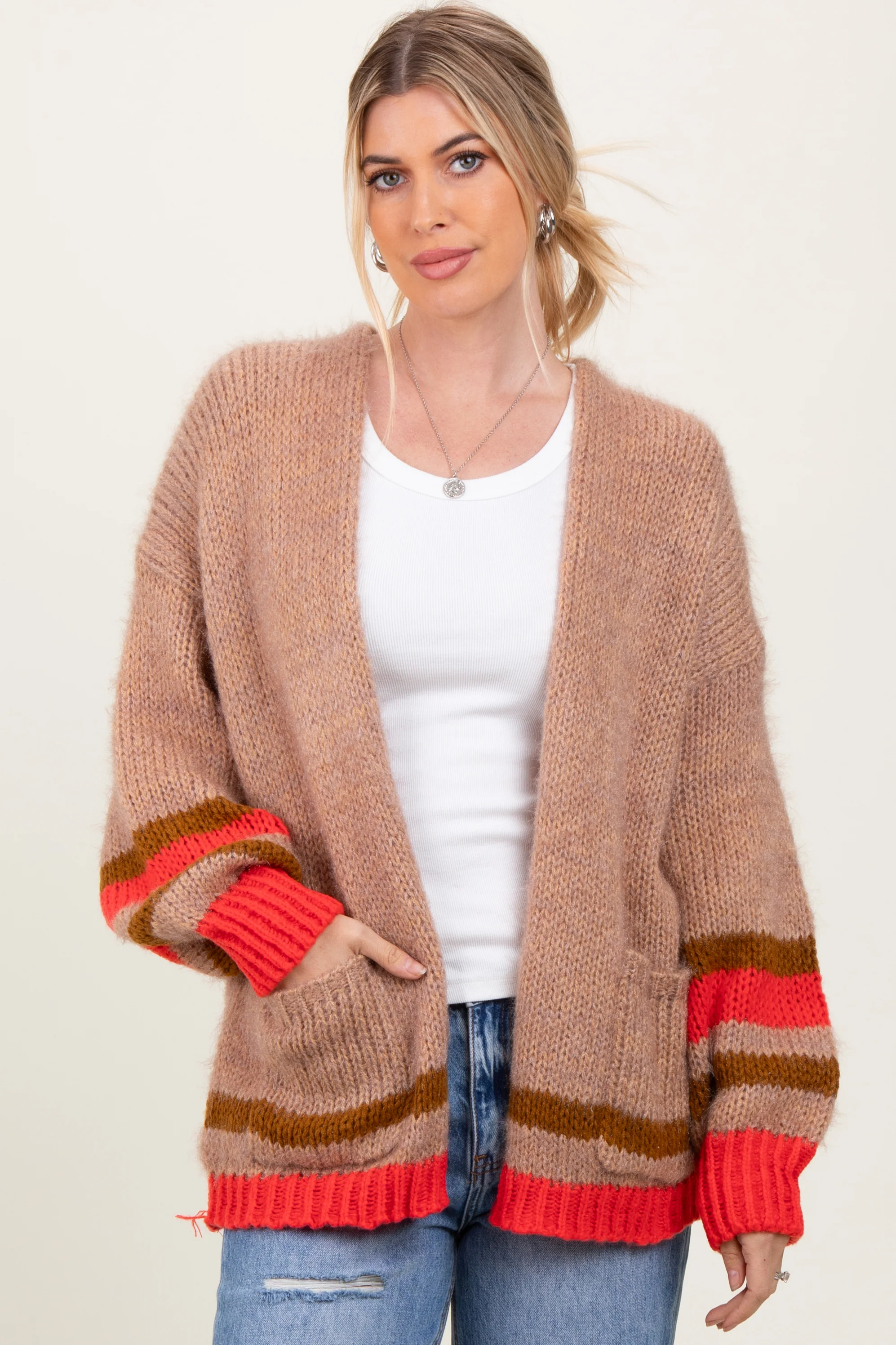 Camel Chunky Knit Stripe Detail Maternity Sweater Cardigan - Image 5