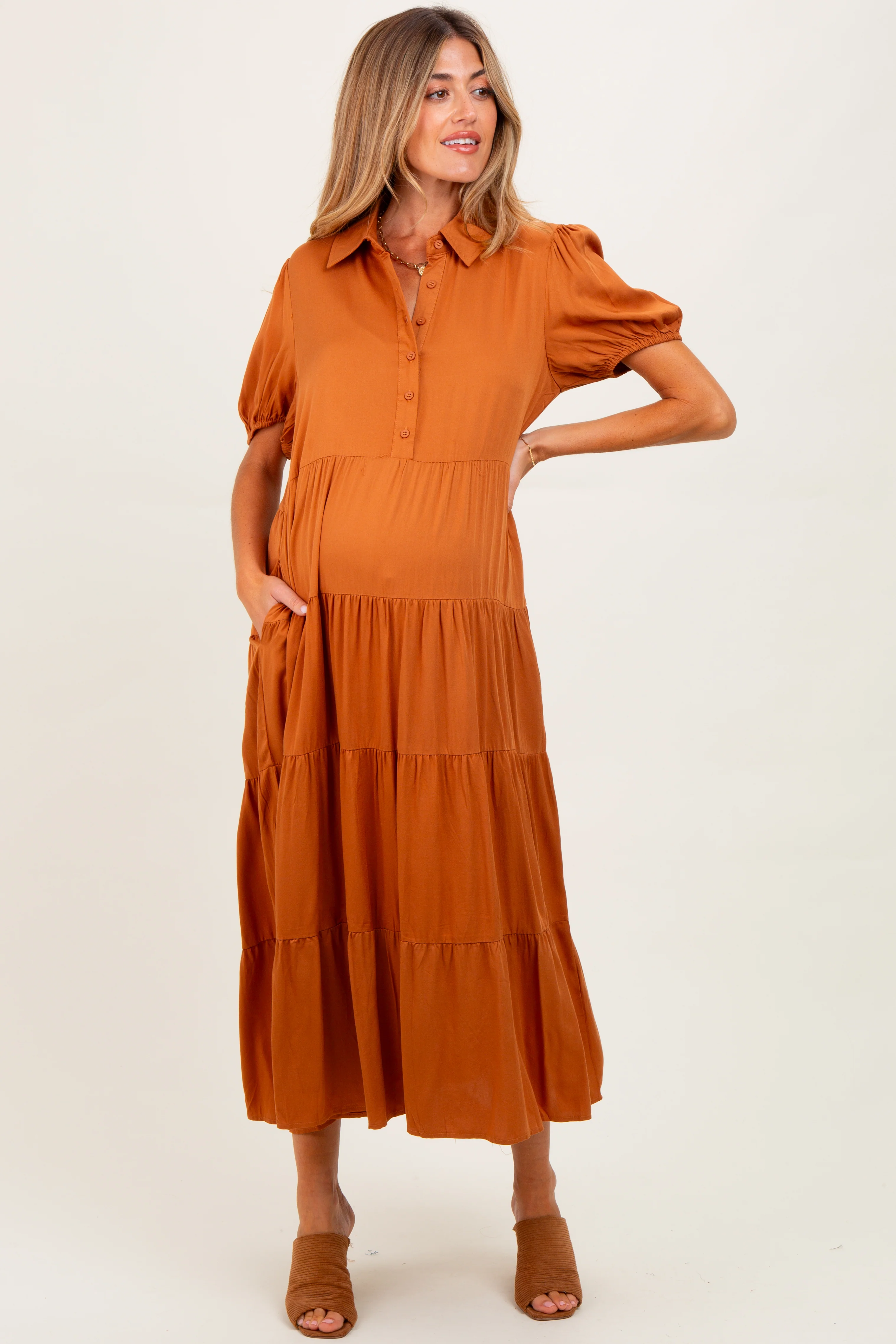 Camel Collared Button Down Tiered Maternity Midi Dress - Image 3