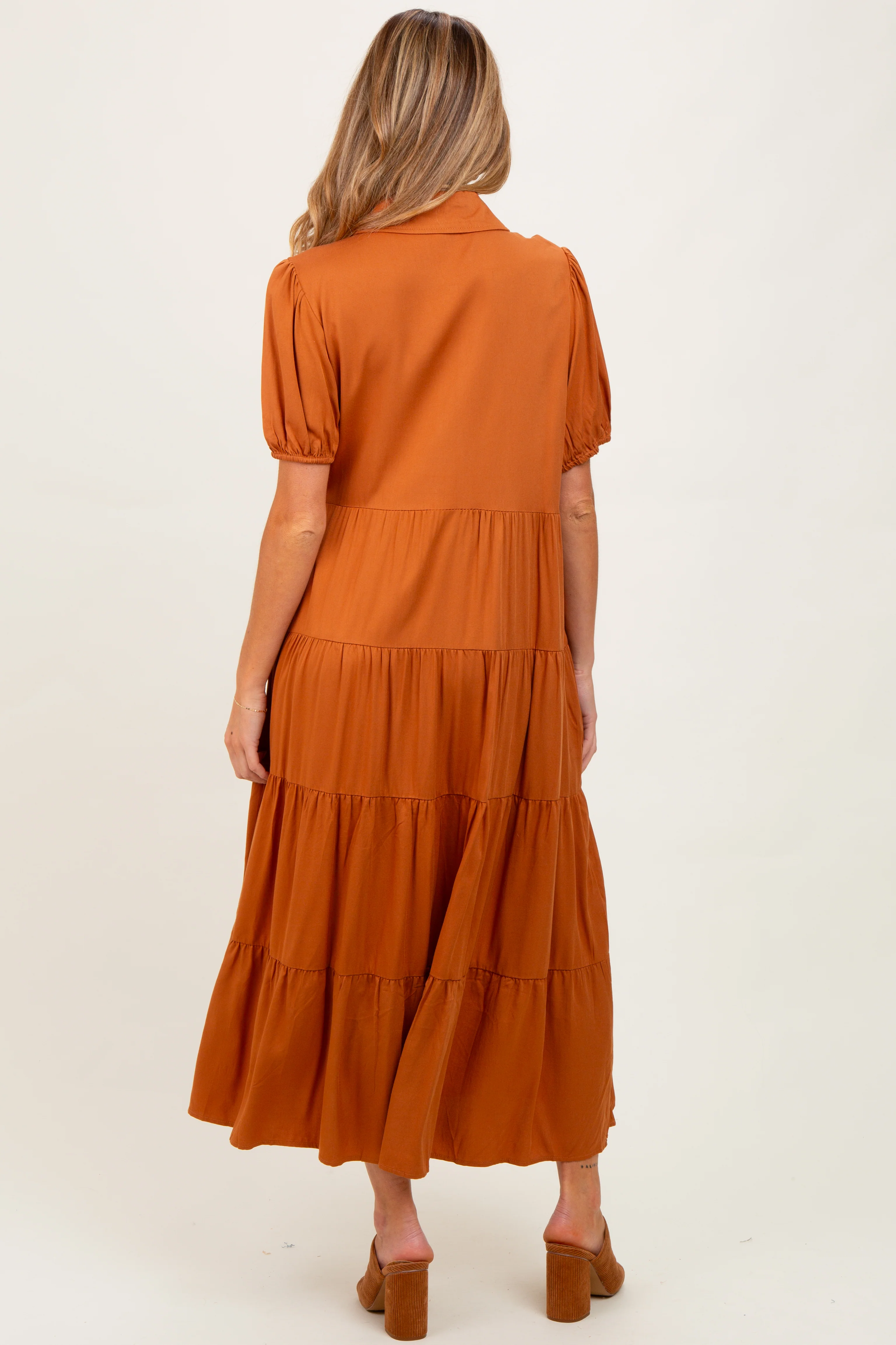 Camel Collared Button Down Tiered Maternity Midi Dress - Image 4