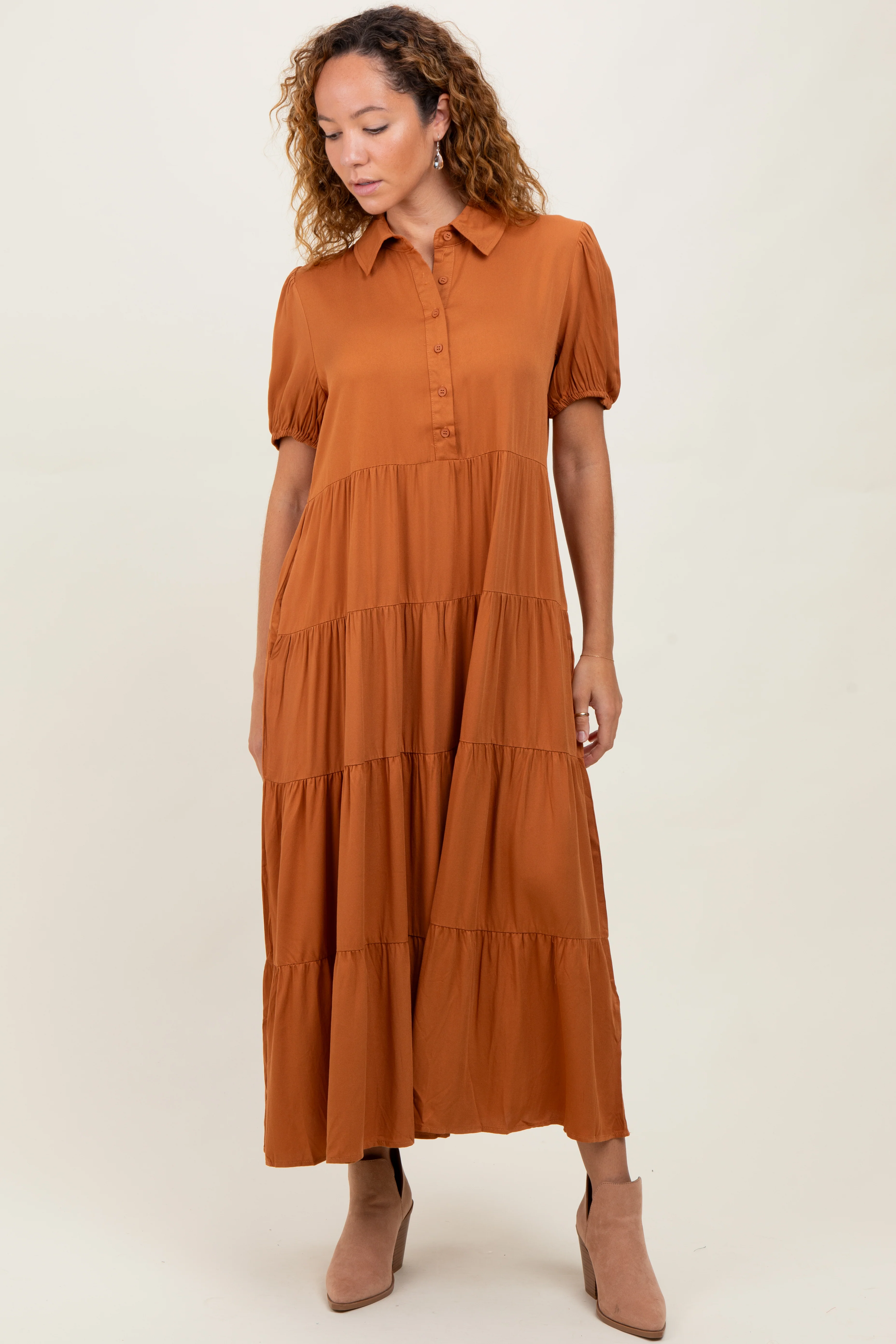 Camel Collared Button Down Tiered Maternity Midi Dress - Image 5