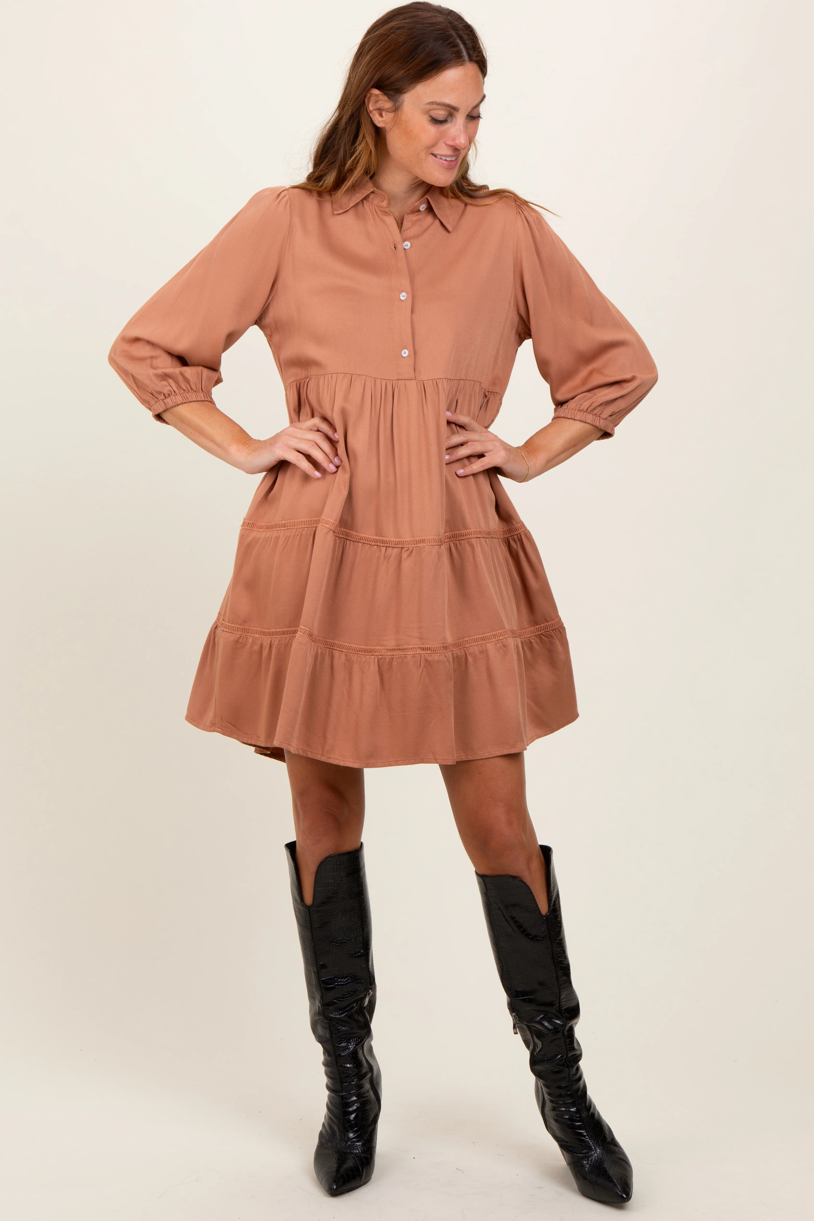 Camel Collared Tiered Dress - Image 2